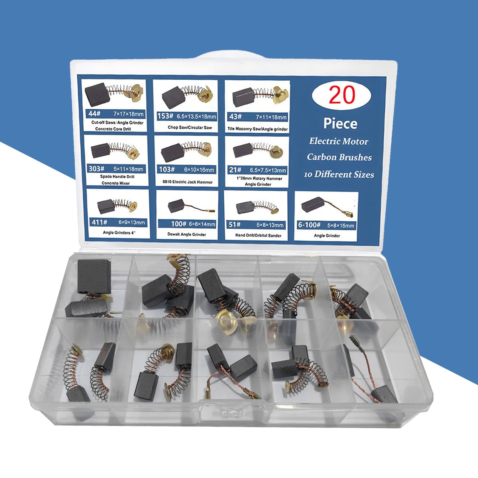 Lot de 20 balais de charbon pour moteur électrique, 10 tailles, pièce de rechange pour réparation d'outils électriques