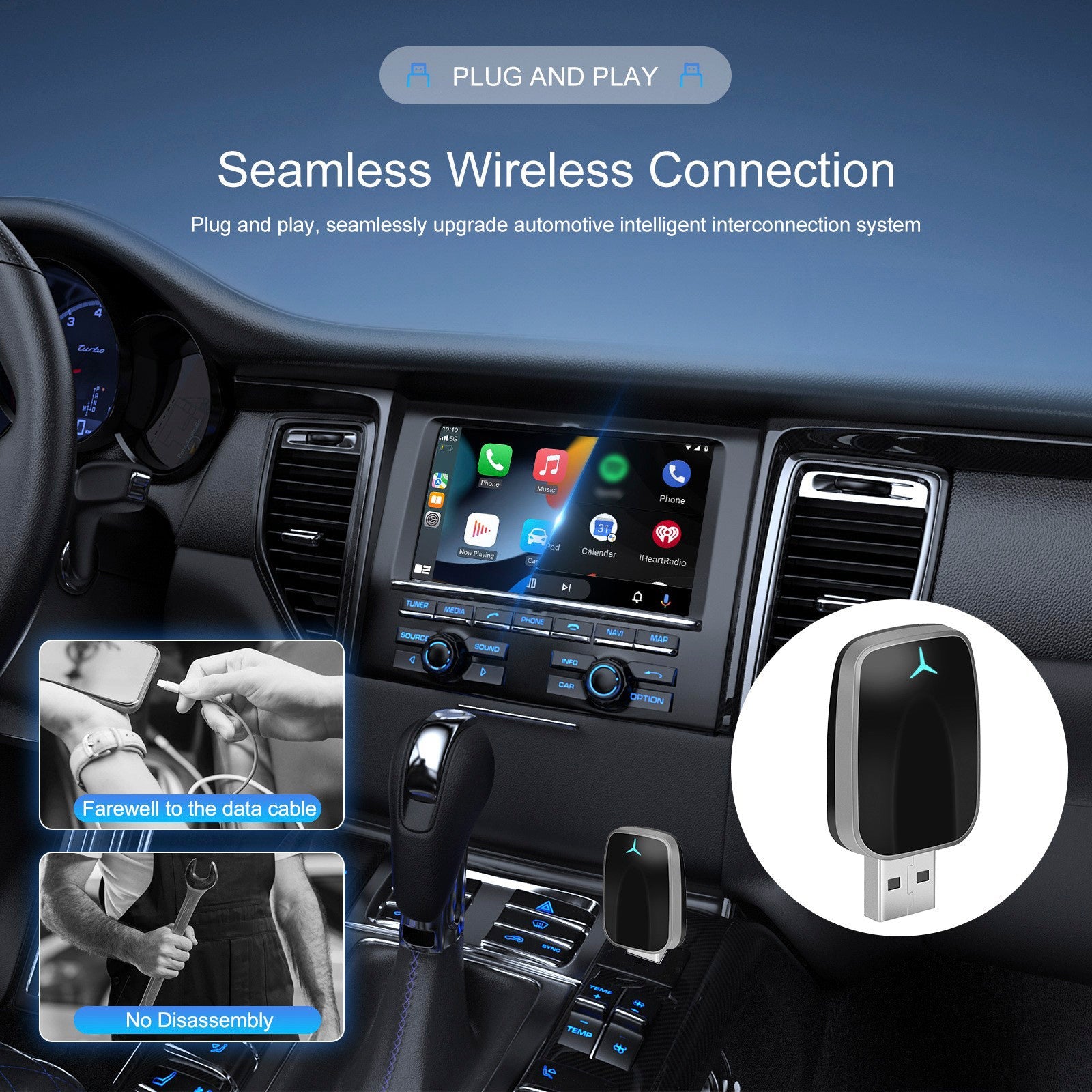 Scatola di connessione USB per auto 2 in 1 Adattatore wireless per auto Android Apple CarPlay