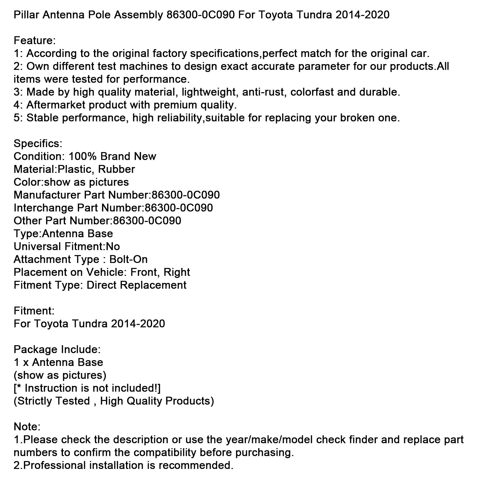 Ensemble de mât d'antenne de montant pour Toyota Tundra 2014-2020, référence 86300-0C090