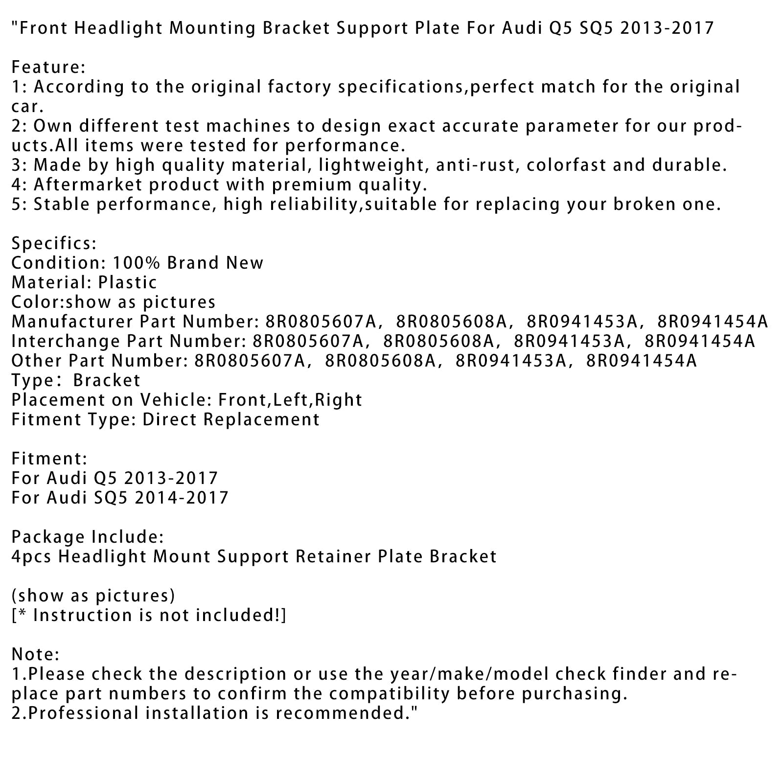 Plaque de support de montage de phare avant Audi Q5 2013-2017