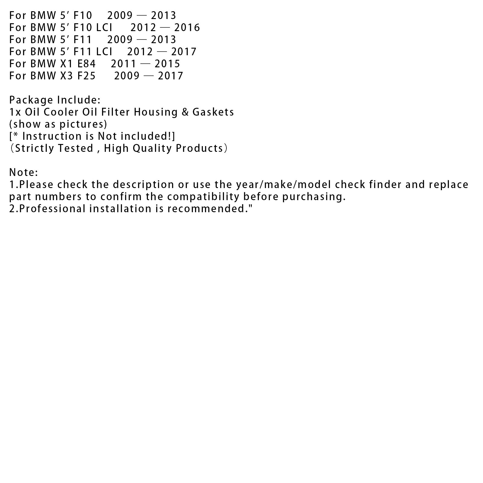 Boîtier de filtre à huile et joints pour refroidisseur d'huile BMW 5' F11 2009-2013 11428512283