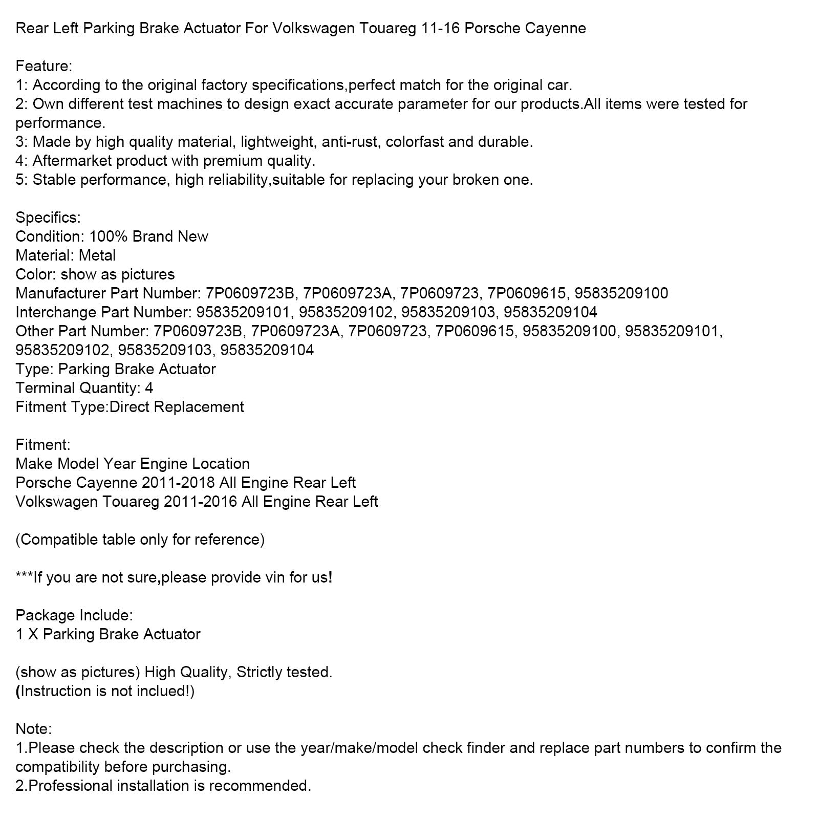 Actuador de freno de estacionamiento trasero izquierdo para Volkswagen Touareg 11-16 Porsche Cayenne 7P0609723B