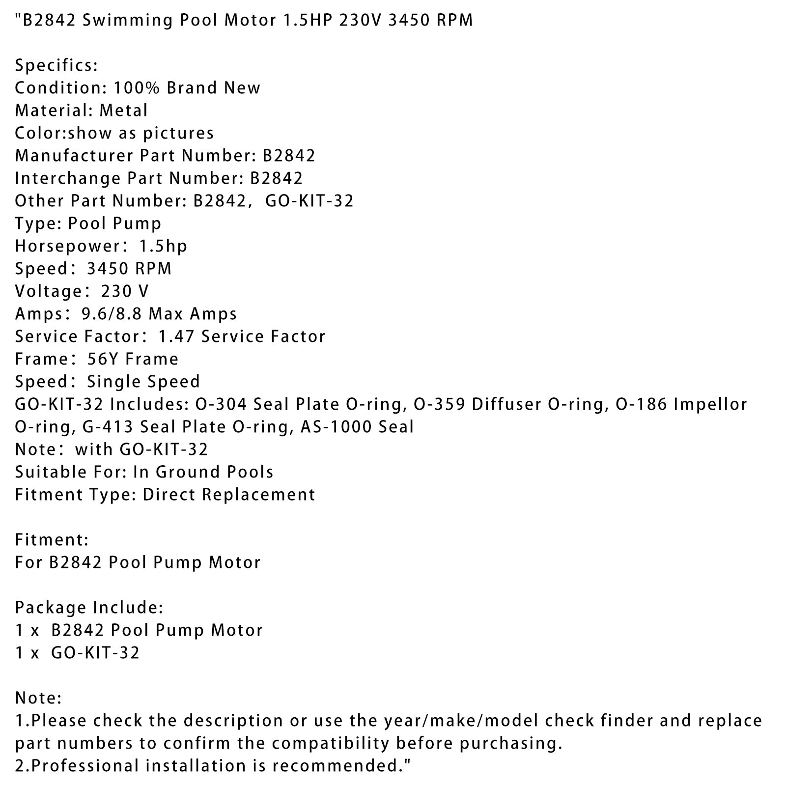 B2842 1.5 CV Motor de piscina 230 V 3 450 RPM