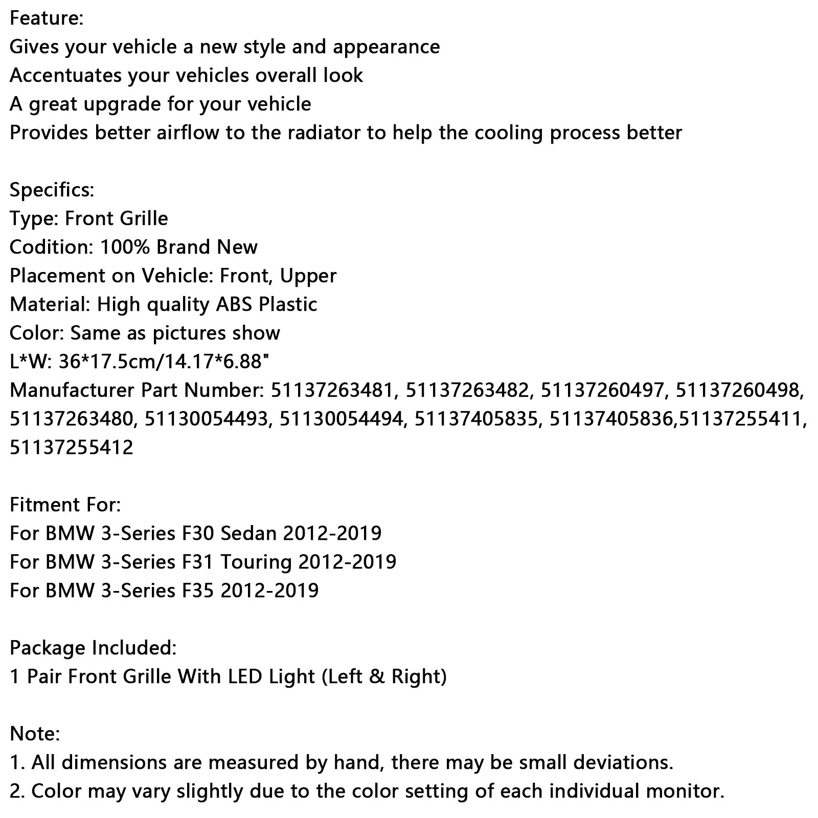 Grille de calandre avant noire brillante pour BMW Série 3 F31 Touring 2012-2019 51137263481 51137255412