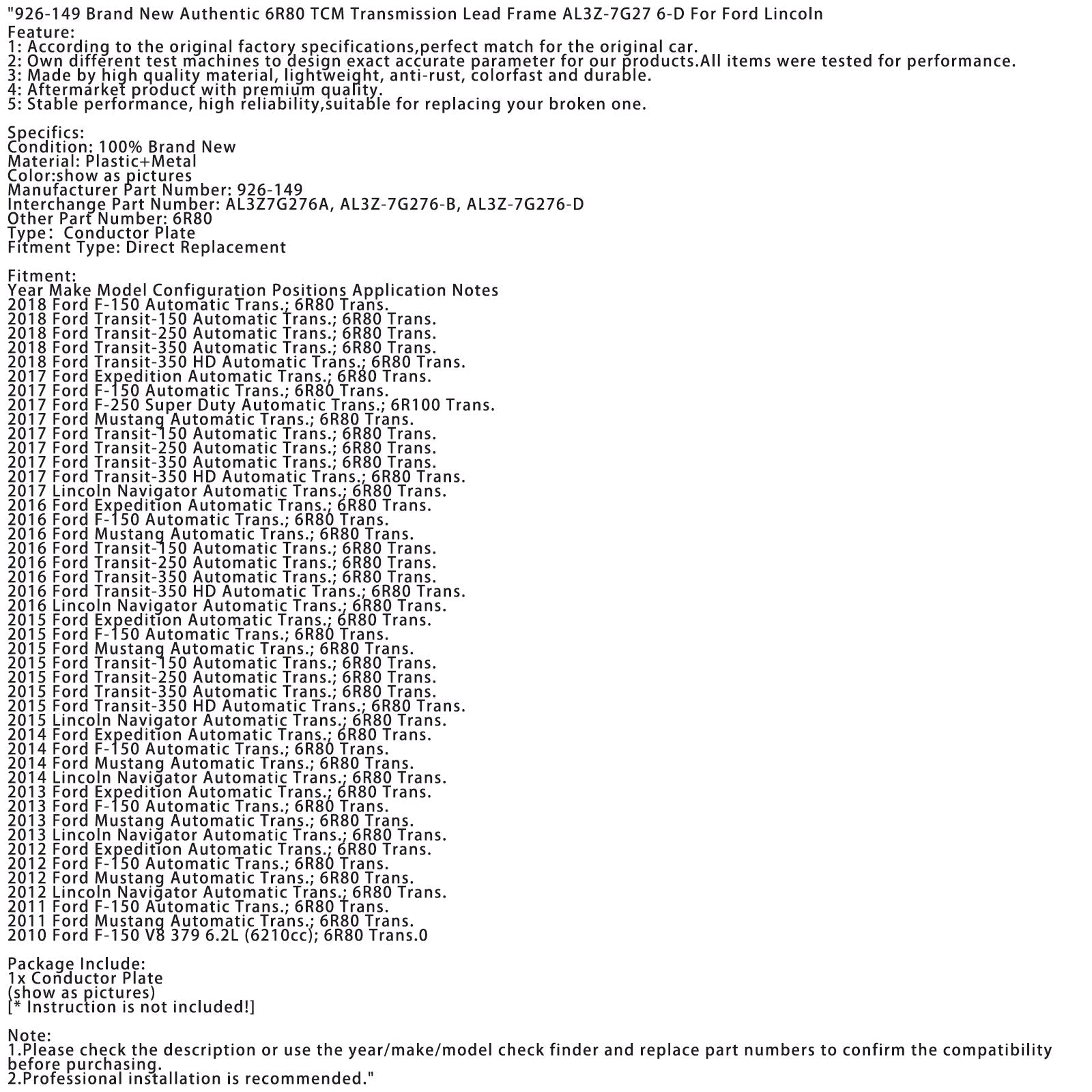 2015-2018 Ford Transit-350 Automaattivaihteisto Upouusi ja Alkuperäinen 6R80 TCM Vaihteiston johtokehys 926-149