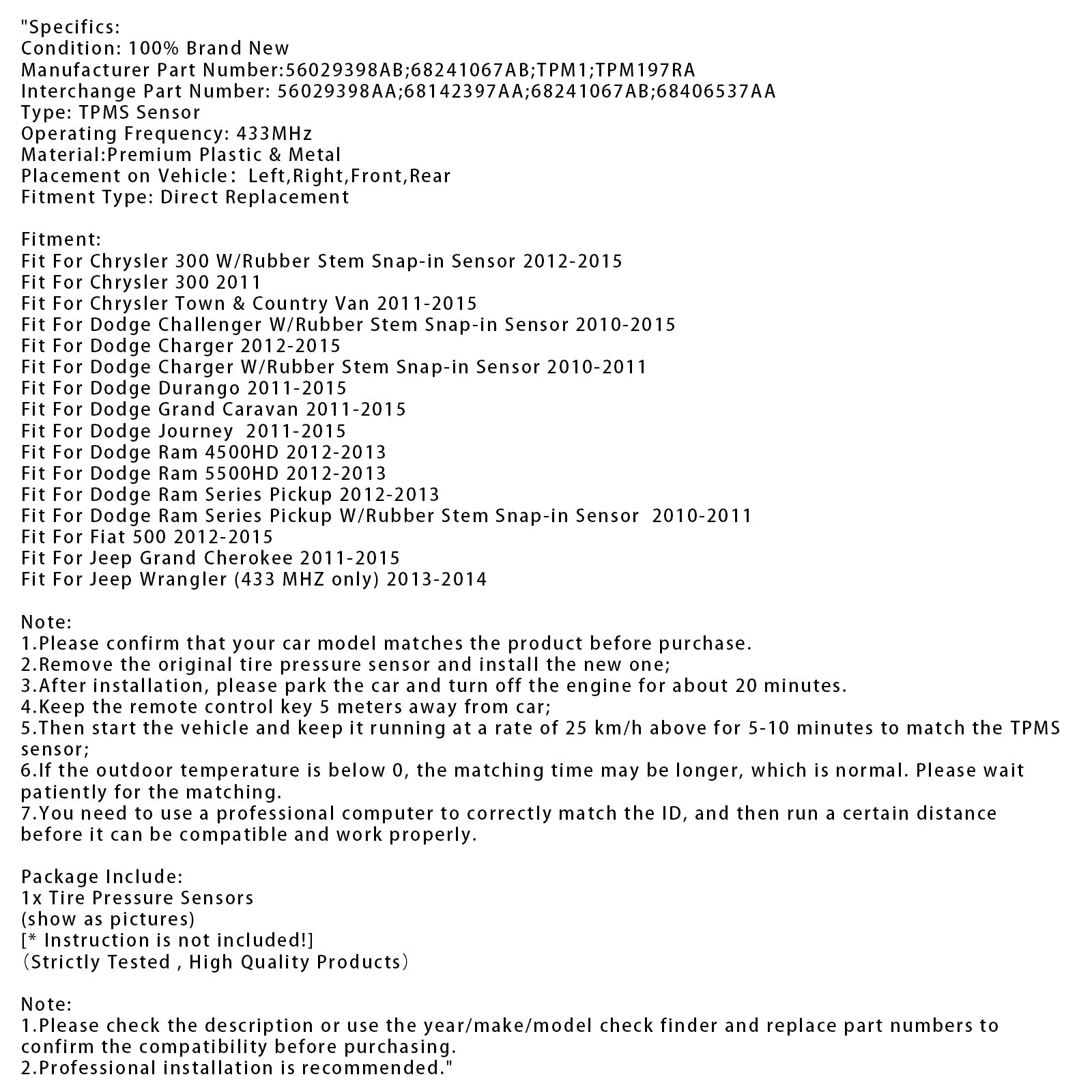 Rengaspaineanturi TPMS 1x Dodge Jeep Chrysler RAM 56029398ab