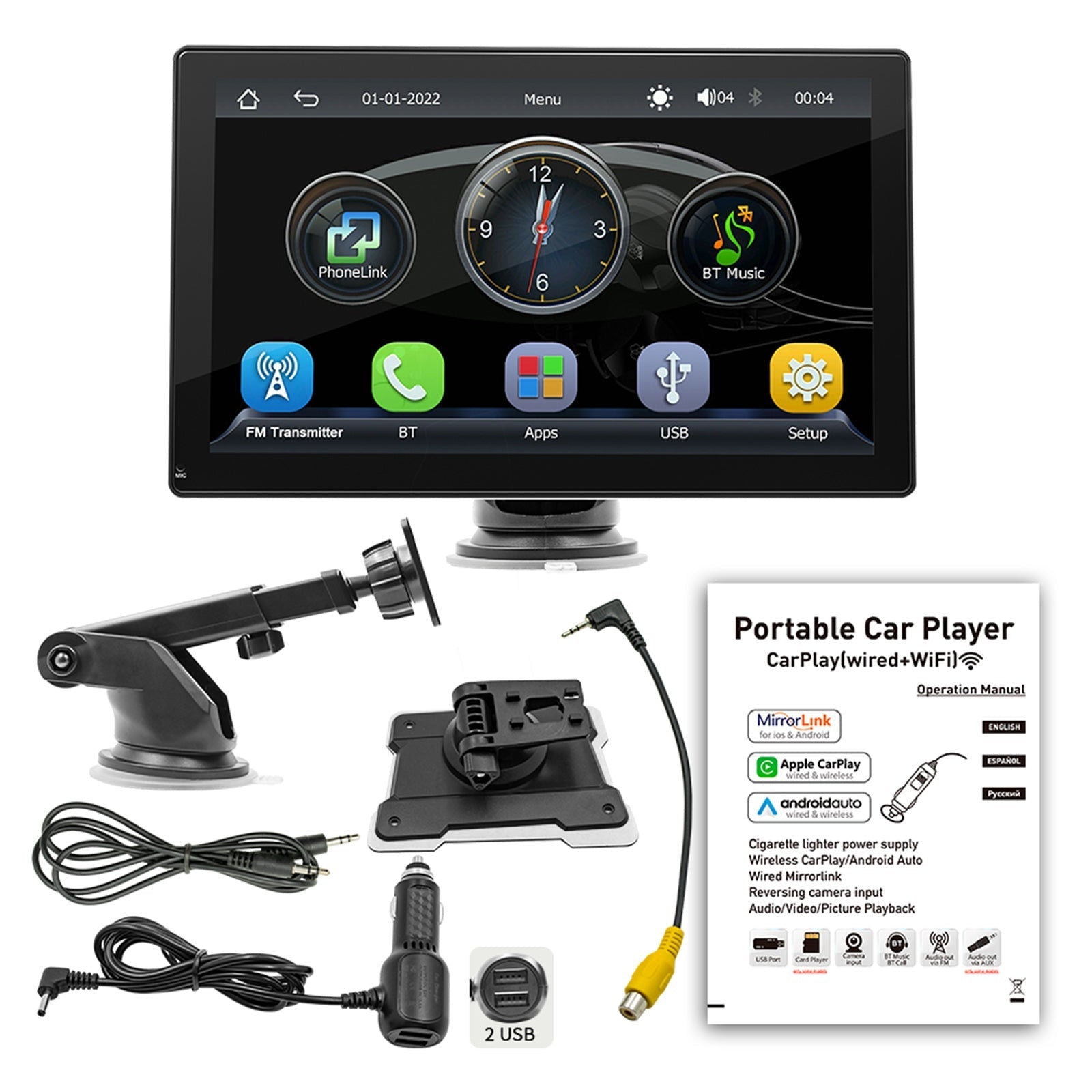 Reproductor MP5 para coche de 9 pulgadas con Apple Carplay/Android Auto, Bluetooth, radio y 4 cámaras LED