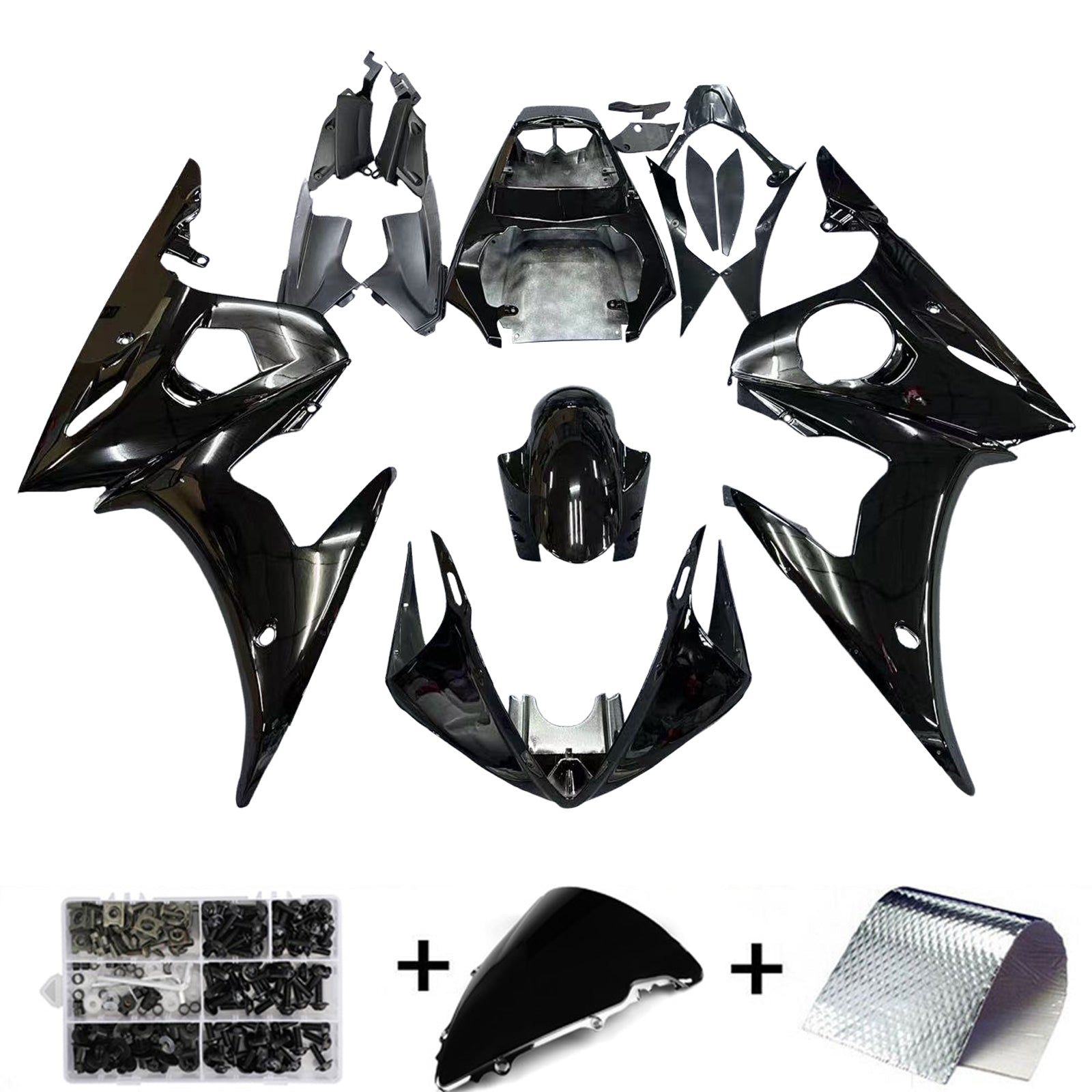 Fairing Injection Plastic Kit Gloss Black w/bolt Fit For YAMAHA 2005 YZF R6