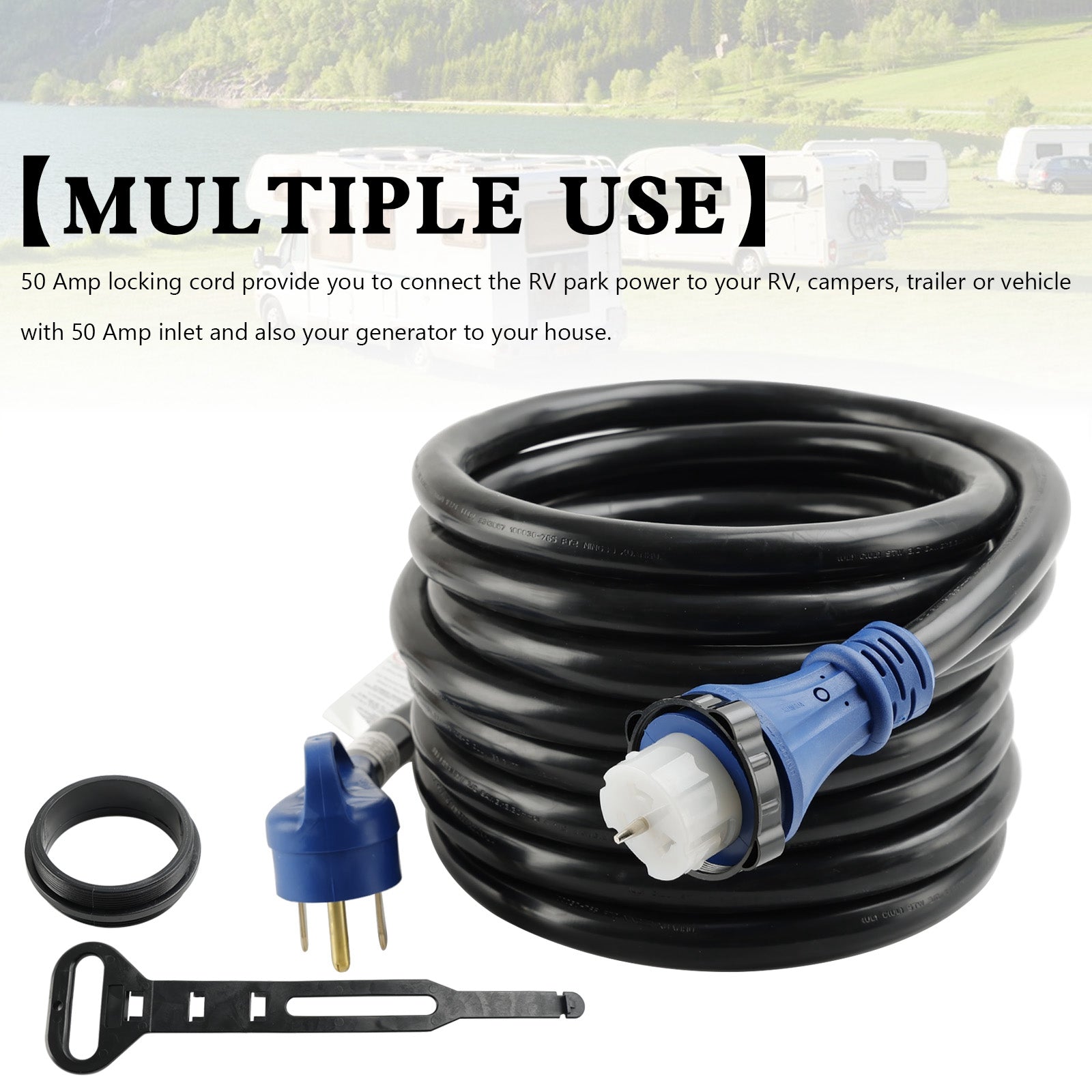 Cable de generador/RV de 50 amperios y 25 pies con certificación UL con conector de bloqueo para caravanas RV