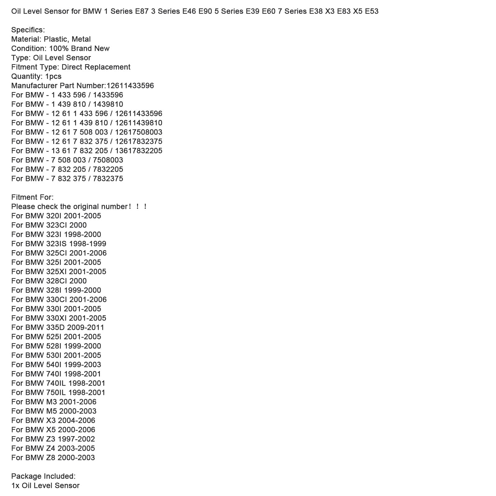 Senzor nivoja'olje 12611433596 za BMW E87 E46 E90 E39 E60 E38 X3 E83 X5 E53