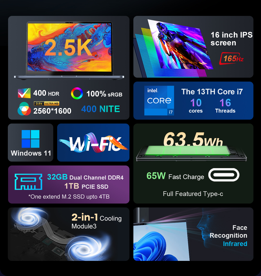 Ordinateur portable Ninkear N16 Pro 16 pouces 2 5K WiFi6 32 Go de RAM + 1 To SSD