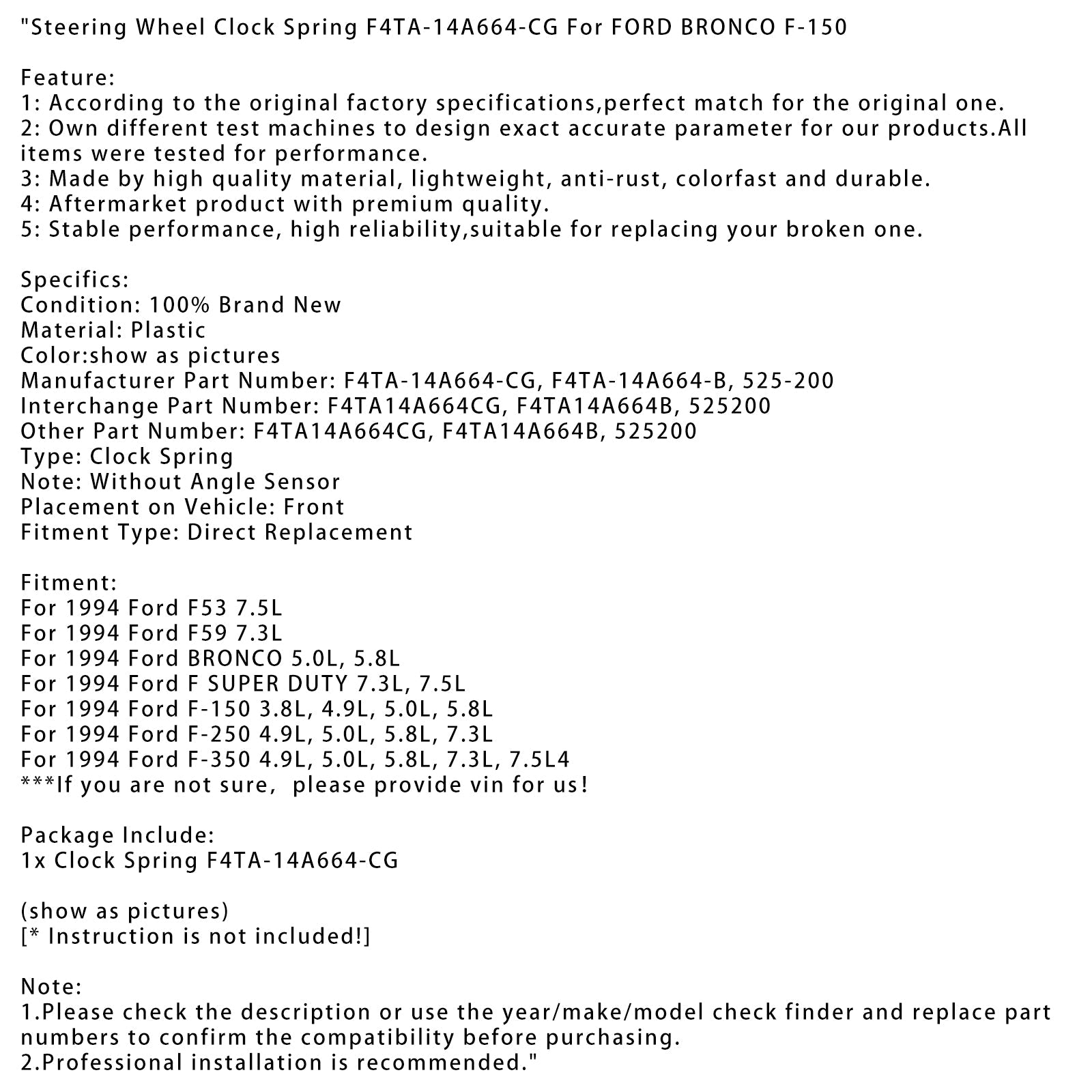 Muelle de reloj del volante F4TA-14A664-CG para FORD BRONCO F-150