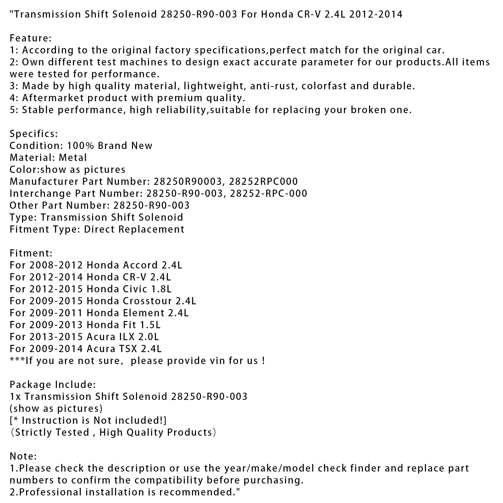 Zawór elektromagnetyczny zmiany biegów 28250-R90-003 dla Honda CR-V 2.4L 2012-2014