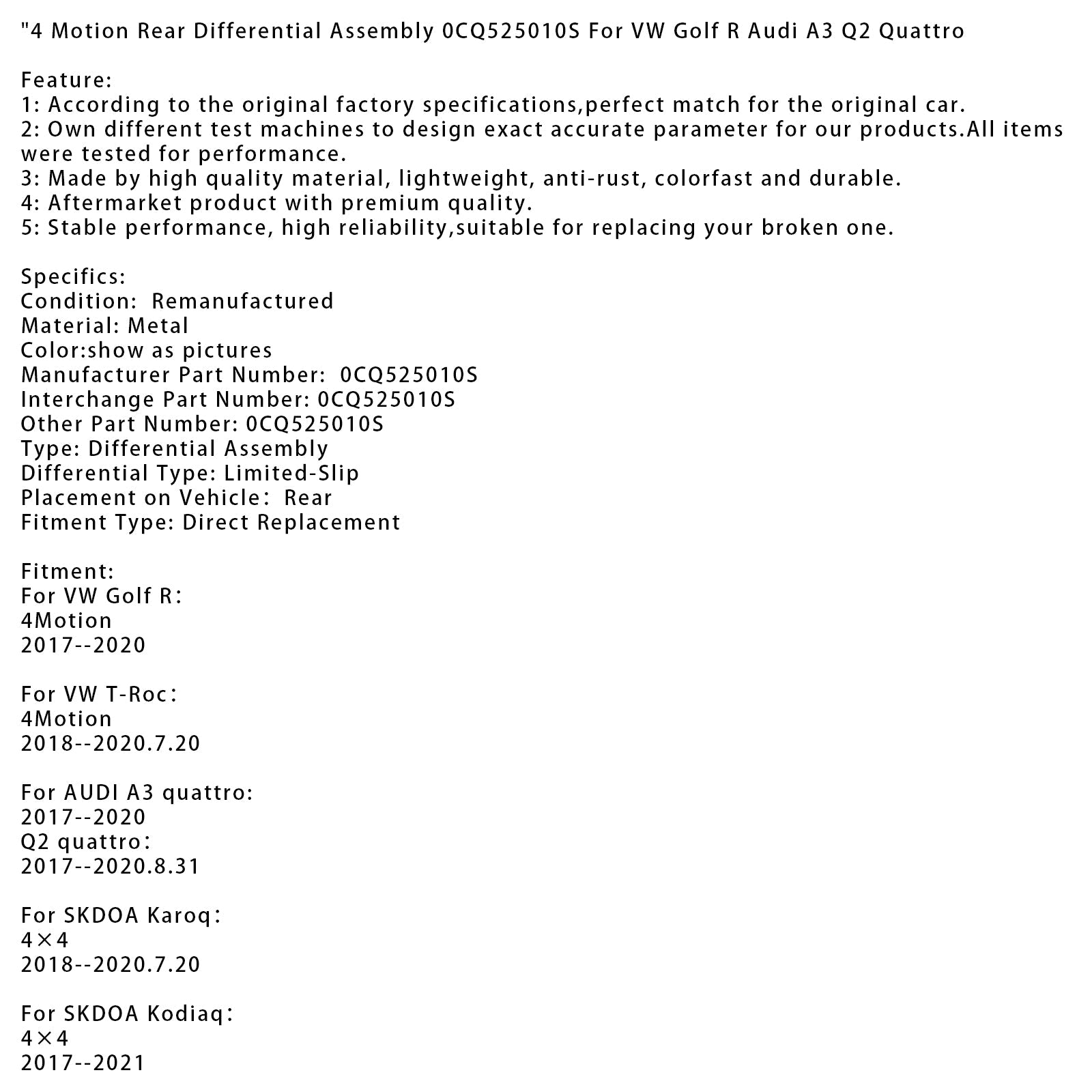 Achter differentieel voor VW Golf R 4 Motion 2017-2020 0CQ525010S