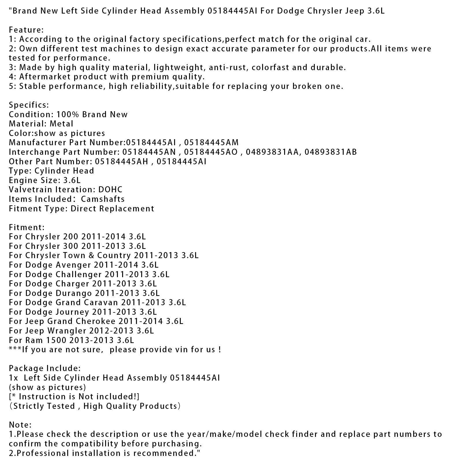 Nuova testata sinistra per Dodge Journey 3.6L (2011-2013) - Numeri di parte : 05184445AI e 05184445AO