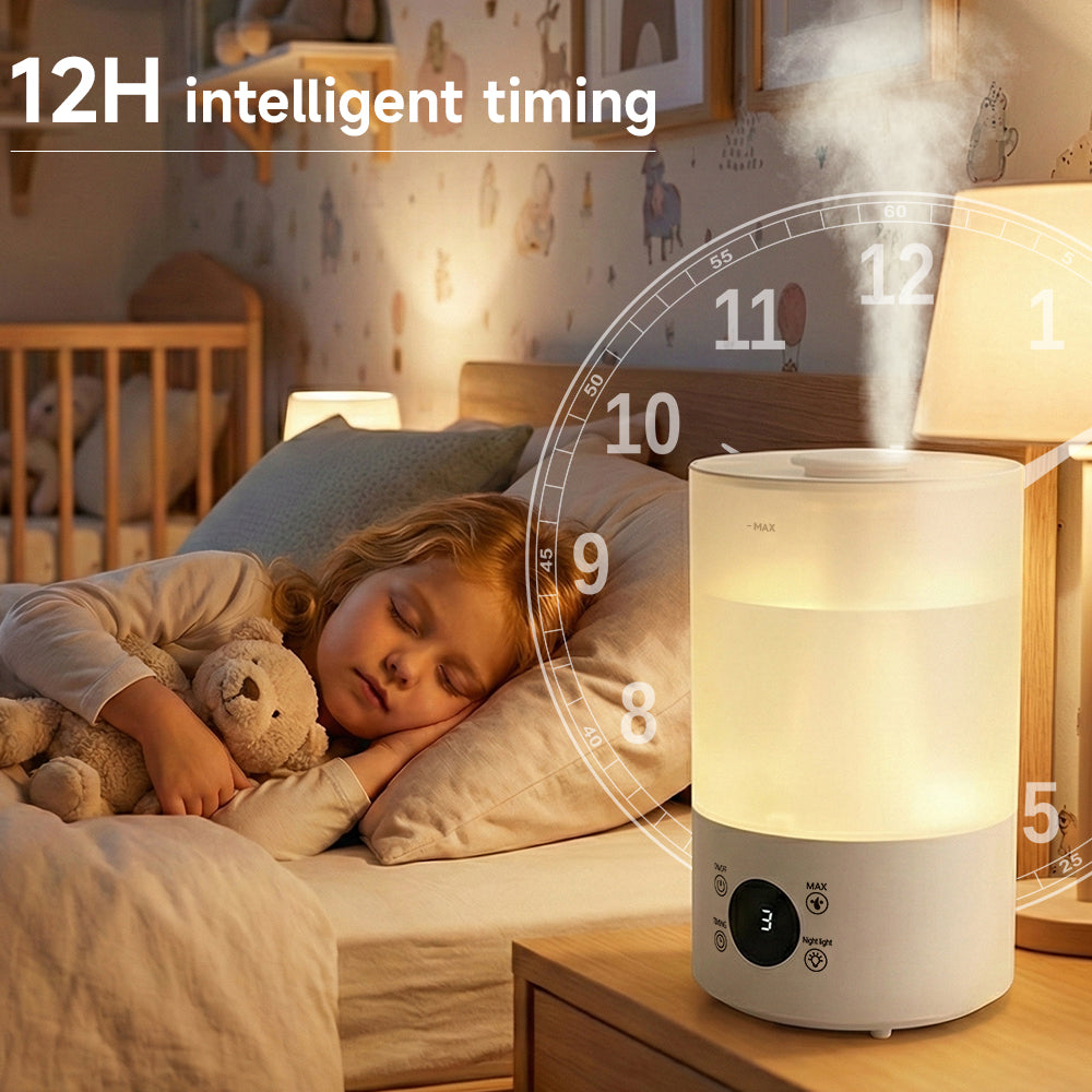 4L luchtbevochtiger voor slaapkamer, baby en planten, stil, met 360° mondstuk, automatische uitschakeling en gekleurd licht.