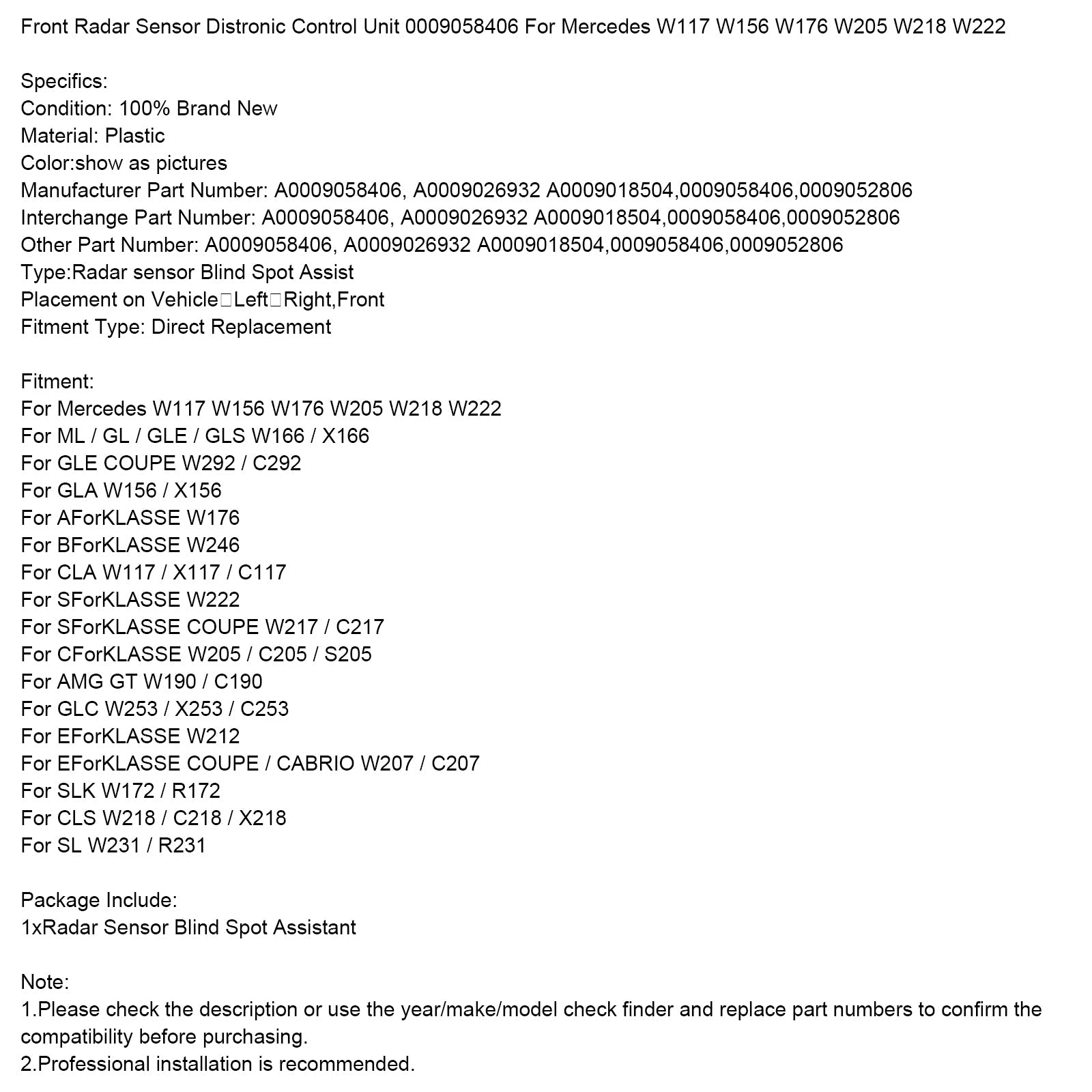 Etututka-anturi, etäisyysohjausyksikkö Mercedes Benz AForKLASSE W176 0009058406