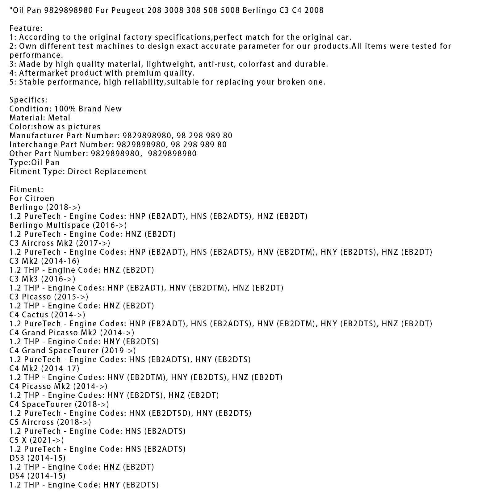 2019+ Peugeot 208 Mk2 1.2 PureTech Miska olejowa 9829898980 9829898980