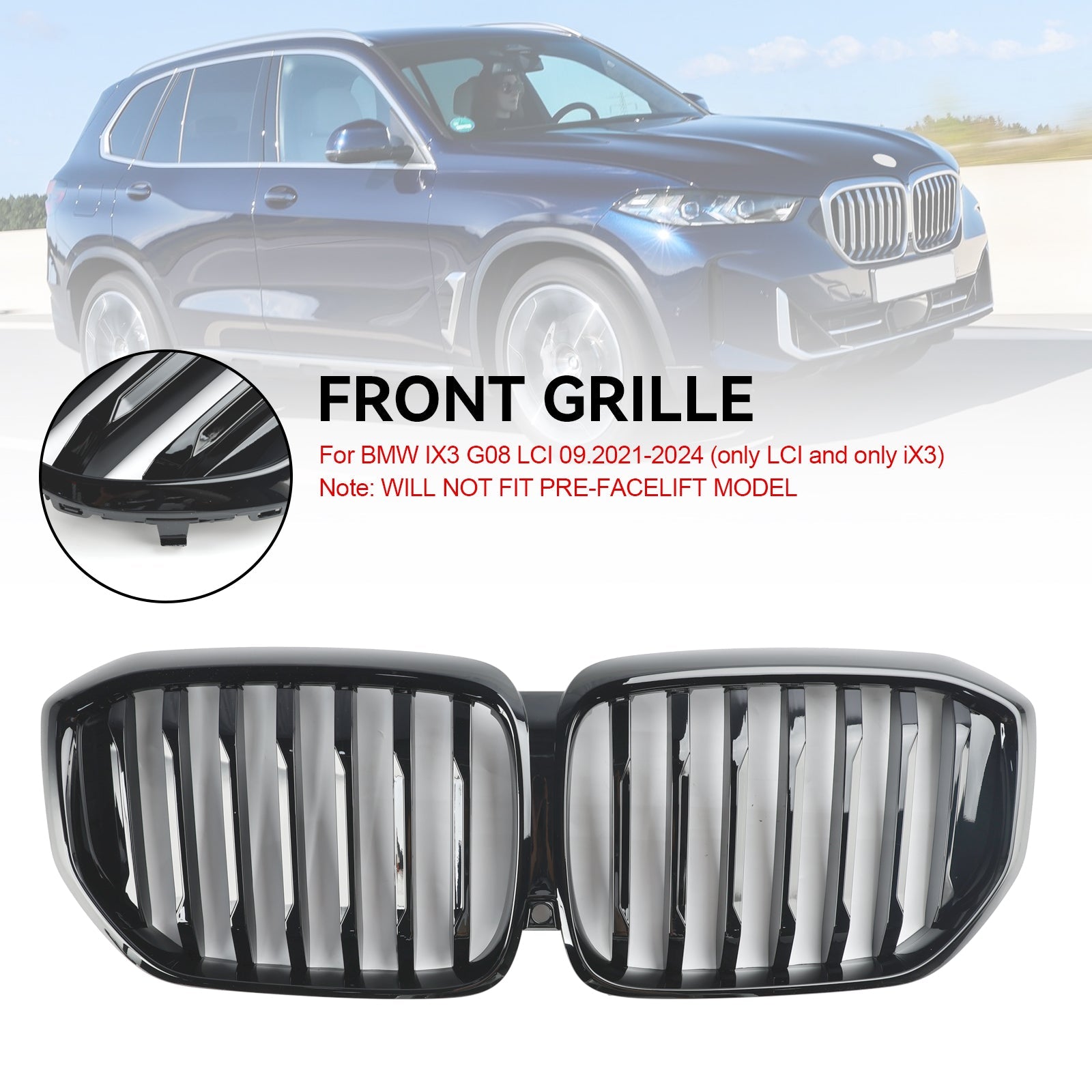 2024+ BMW G05 LCI X5 Grille de calandre de pare-chocs avant noir brillant à ligne unique