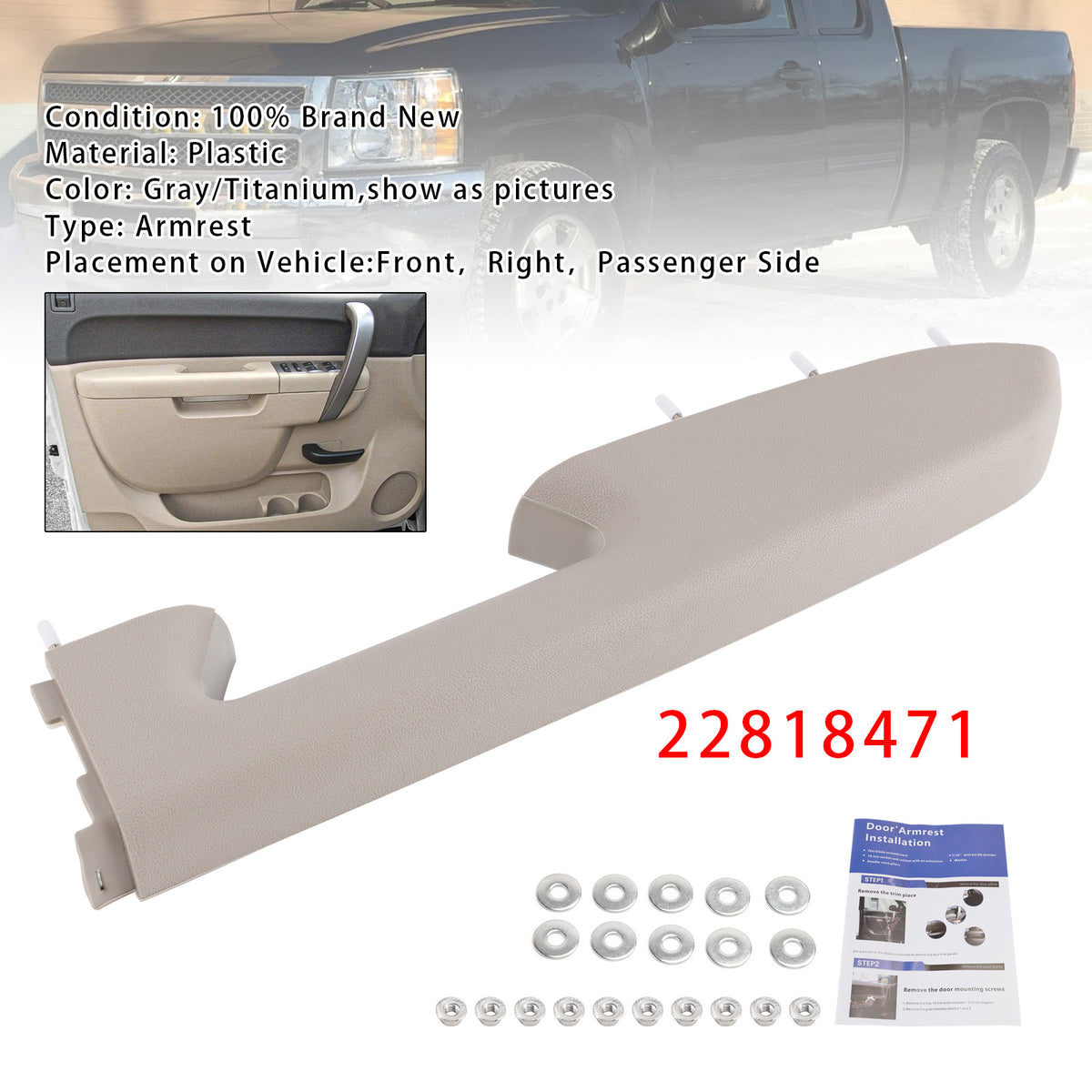 Kit de réparation d'accoudoir avant droit pour Chevy Silverado 1500 2500HD 2010-2014 (gris)