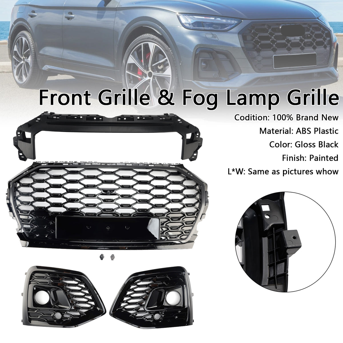 Front Bumper Grille Honeycomb Grill & Fog Light Cover Pour Audi Q5 2021-2025