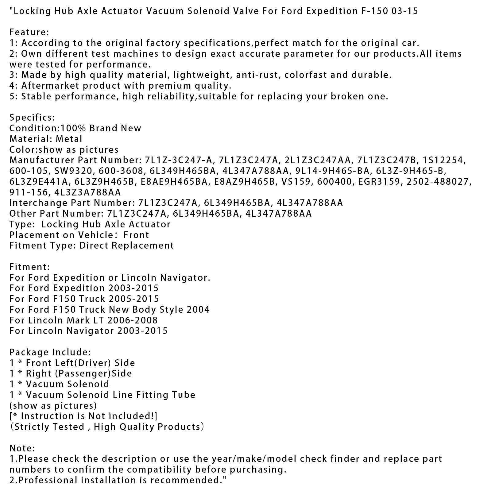 Électrovanne à dépression d'actionneur d'essieu de moyeu de verrouillage pour Ford Expedition F-150 2003-2015