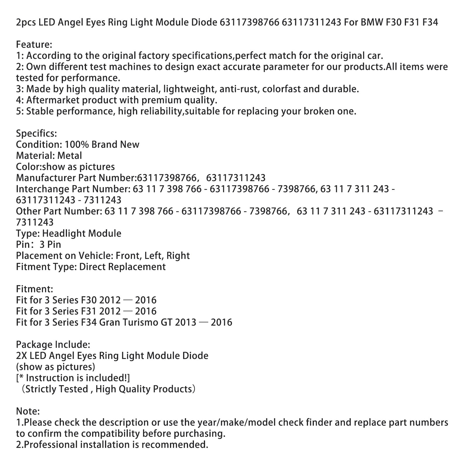 Conjunto de 2 módulos&Anillo de luz LED tipo ojo de ángel n.° 39; 63117398766 para BMW F30 F31 F34