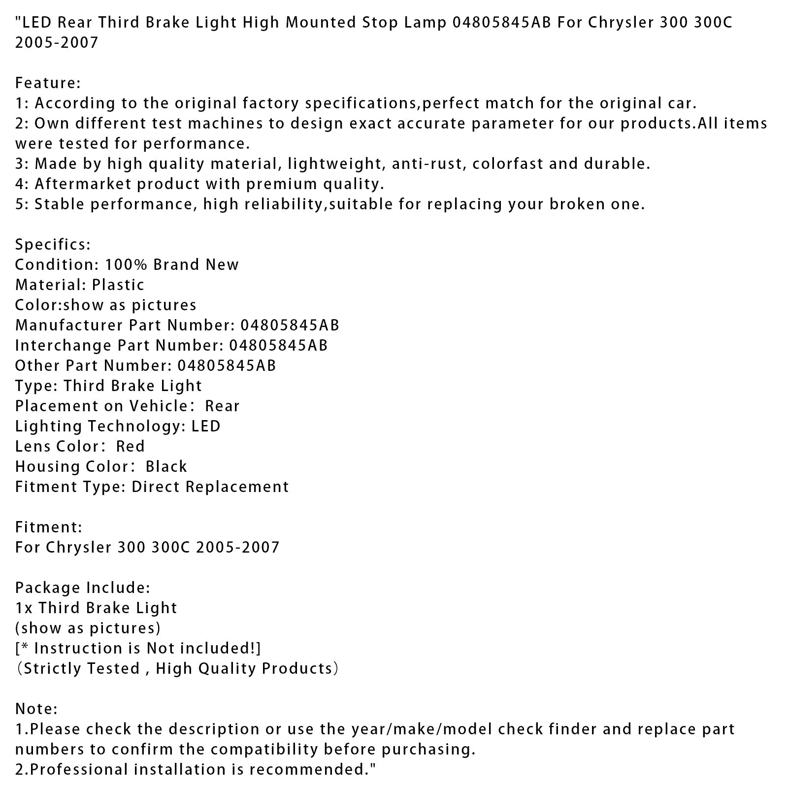 Feu stop arrière à DEL surélevé pour Chrysler 300/300C (2005-2007)