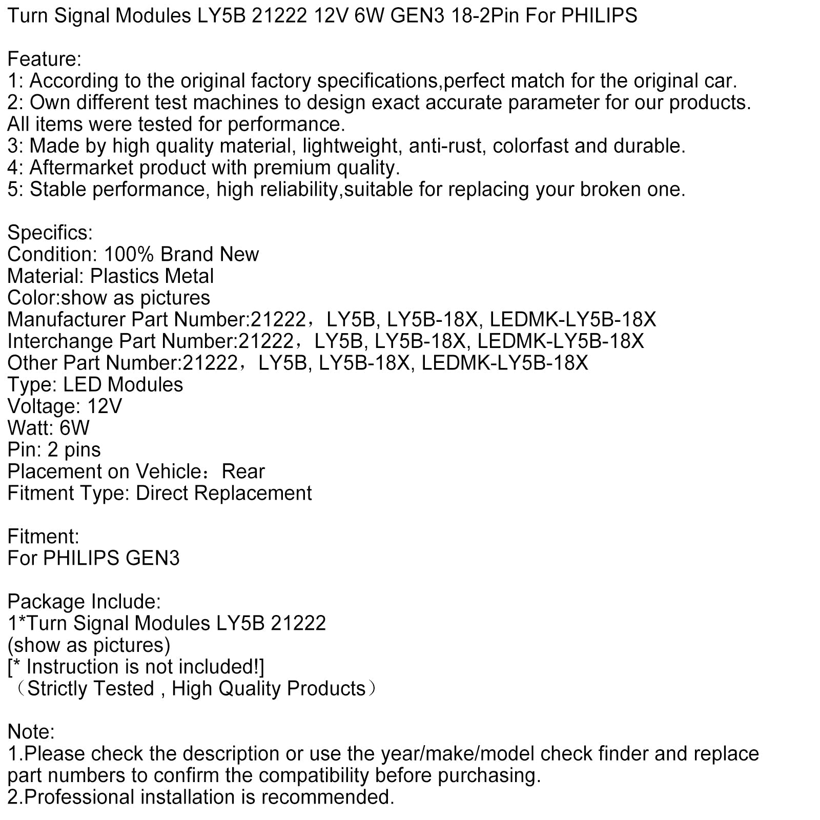 Modules de clignotants LY5B 21222 12 V 6 W GEN3 18-2 broches pour PHILIPS