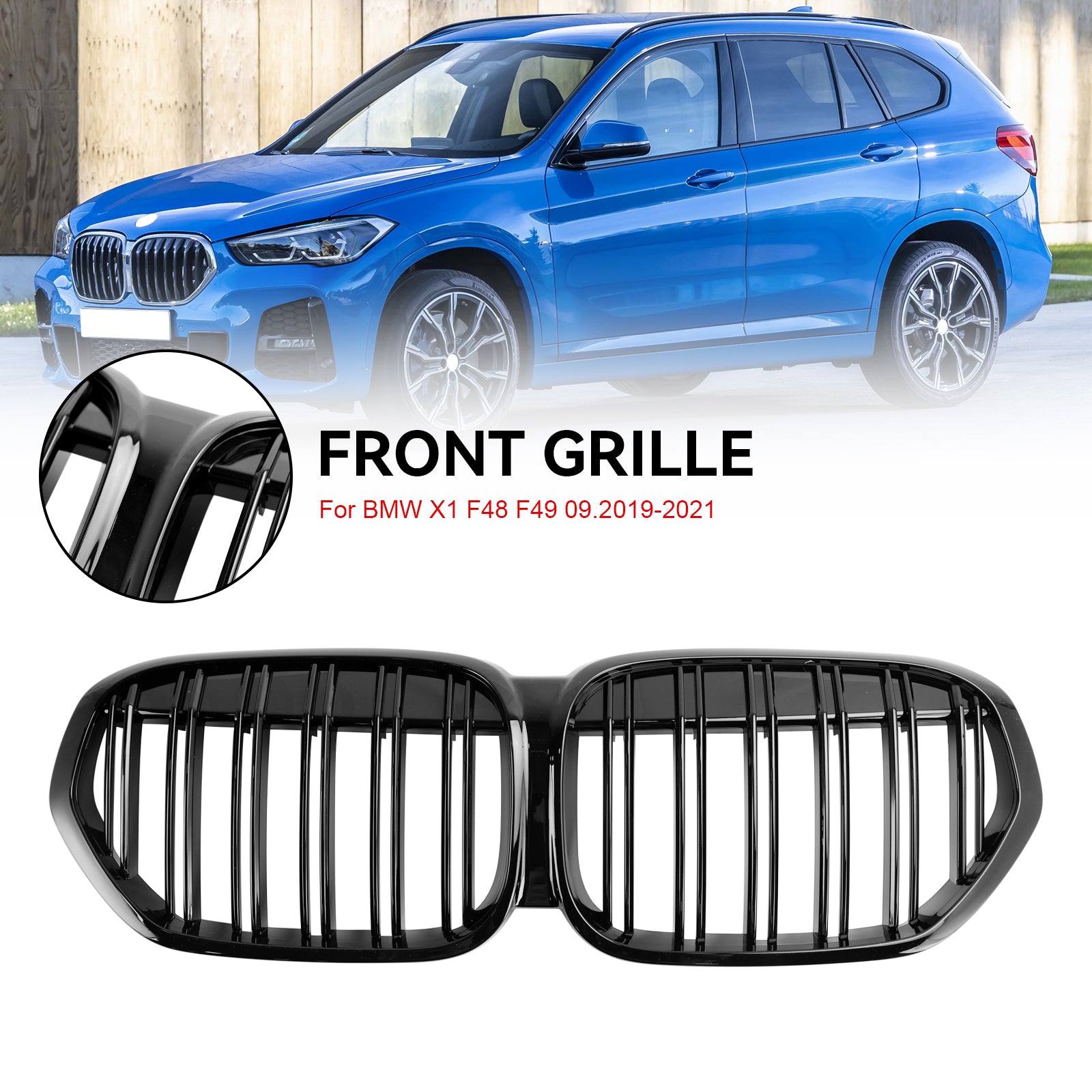 Kiiltävä musta etu munuaisgrilli grilli BMW X1 F48 F49 2019-2021 Dual Slat