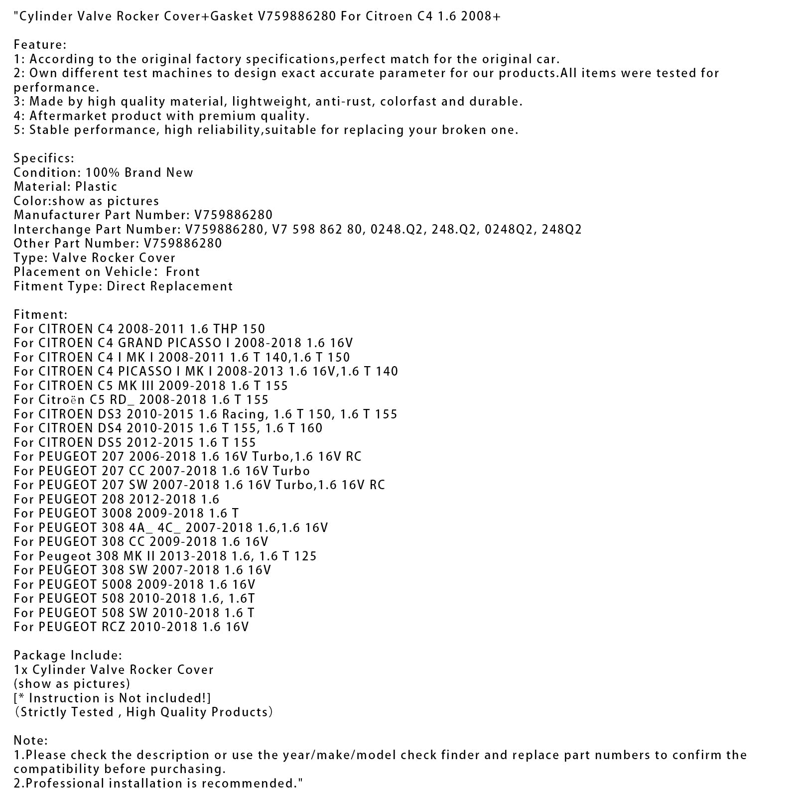 2008-2011 CITROEN C4 I MK I 1.6 T 140, 1.6 T 150 Kleppendeksel + pakking V759886280