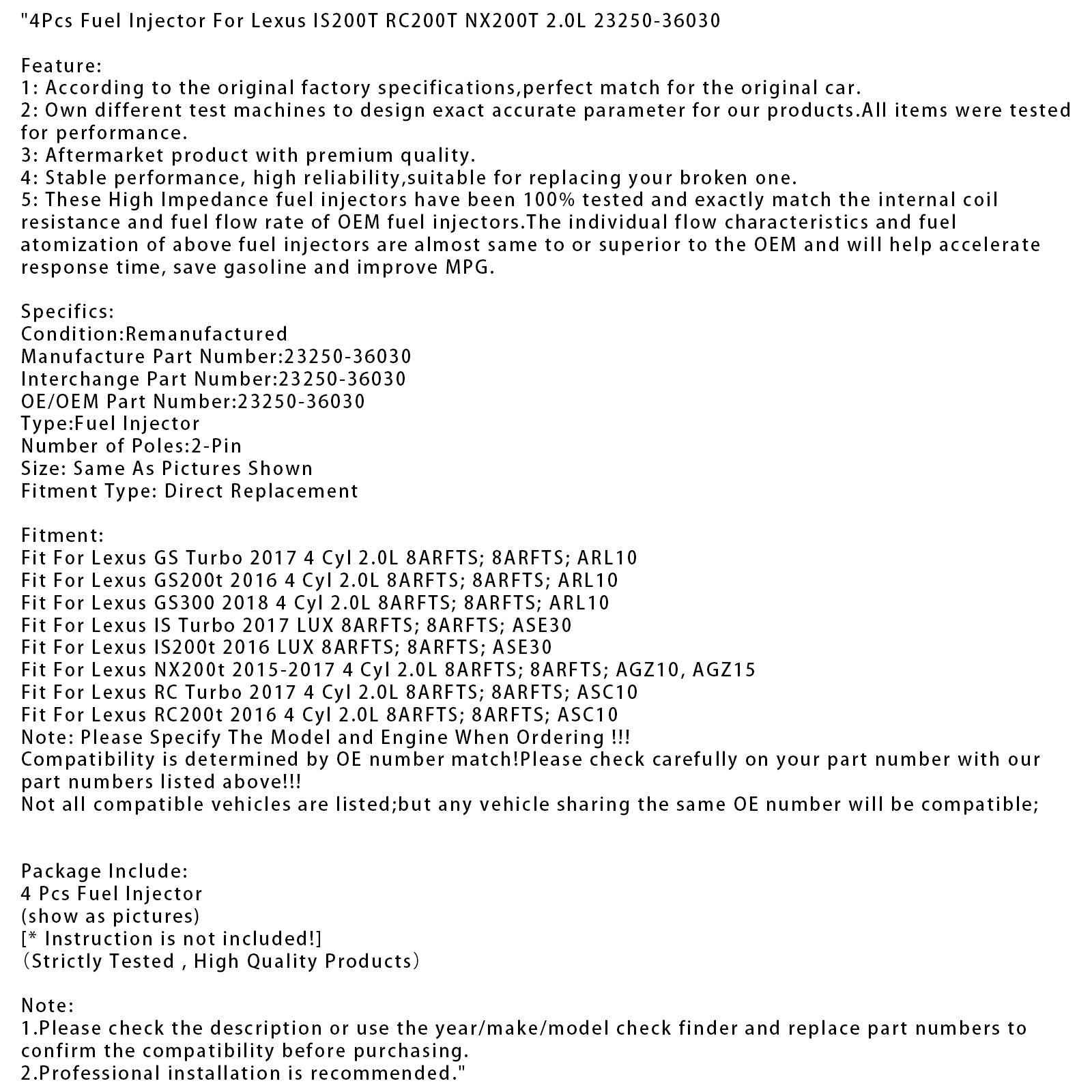 4 injektorji goriva za Lexus IS200T RC200T NX200T 2.0L 23250-36030