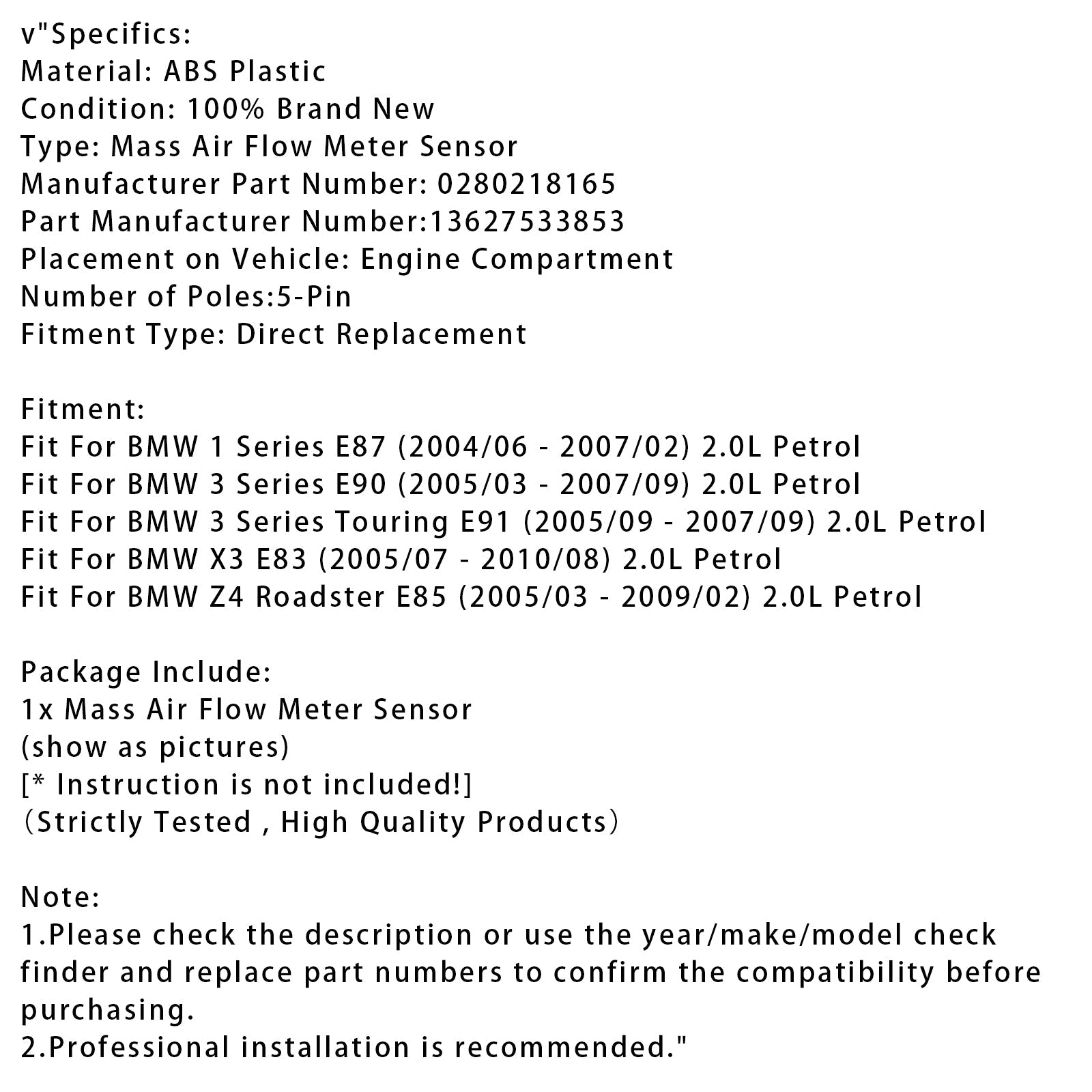 Senzor merilnika pretoka d'zračna masa za BMW E90 E91 E87 E83 Z4 0280218165