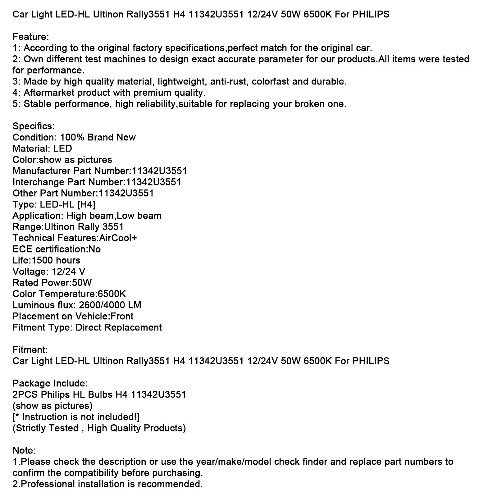 LED-HL Aully551 H4 11342U3551 12/24 V 50 W 50 W 6 500 K para Philips