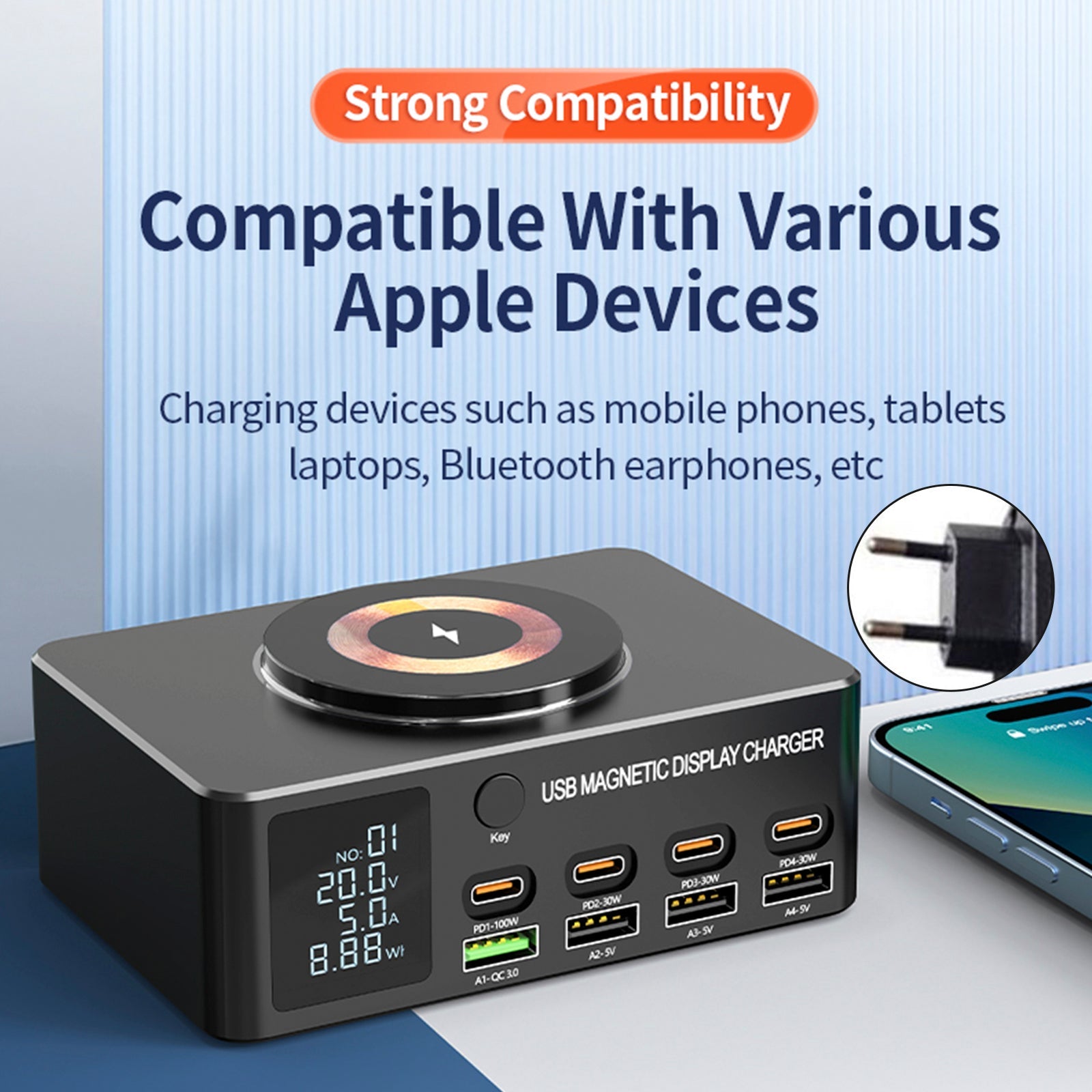 140 W Szybka ładowarka, inteligentny wyświetlacz cyfrowy PD100 W, dla telefonu komórkowego, laptopa, magnetycznego obciążenia bezprzewodowego, multiportowej ładowarki USB, gniazda UE