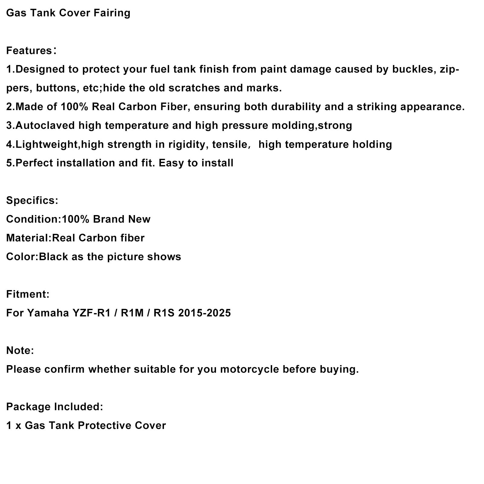 Carénage de réservoir en fibre de carbone véritable pour Yamaha YZF-R1 R1M R1S (2015-2025)