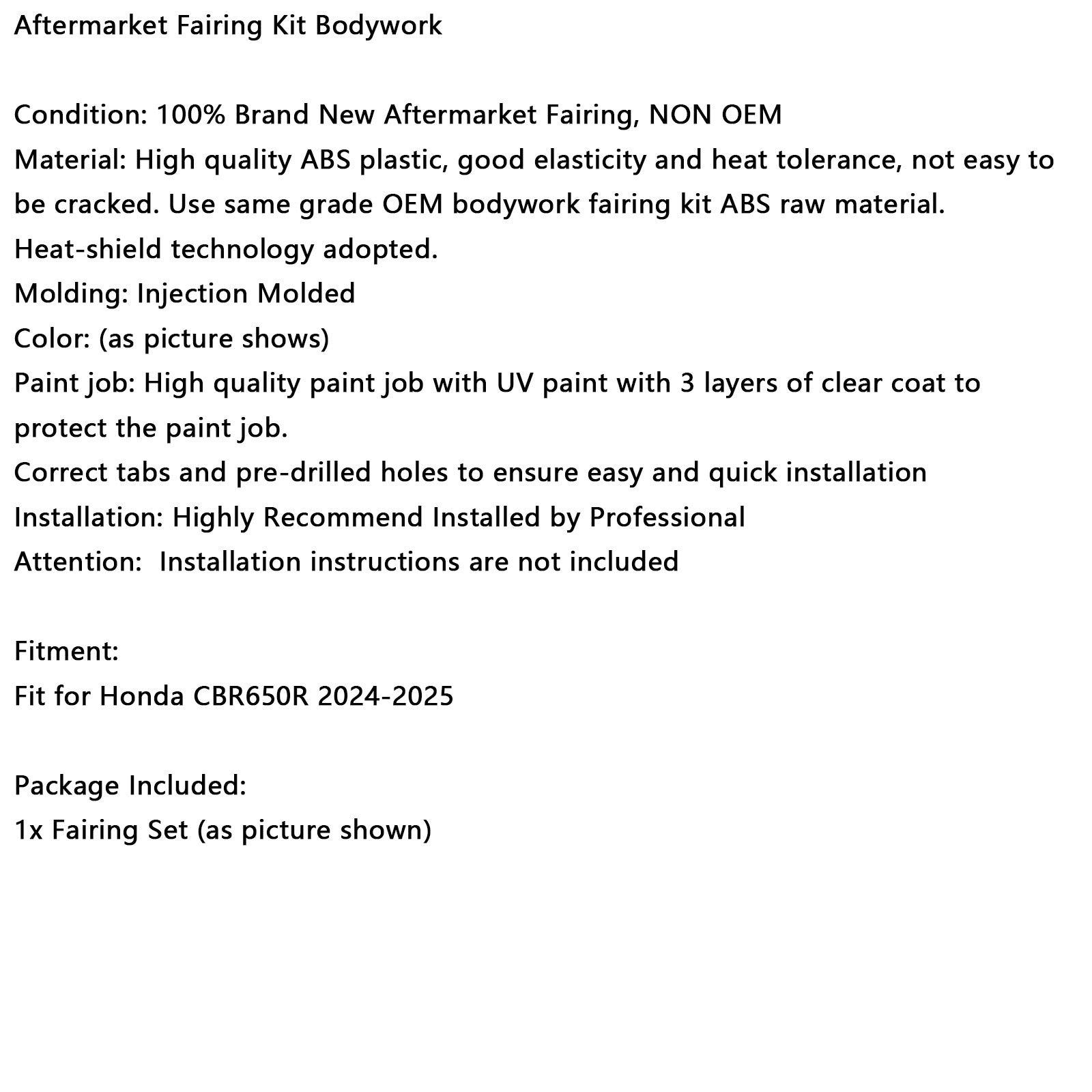 Kit de carénage en plastique ABS pour Honda CBR650R 2024-2025