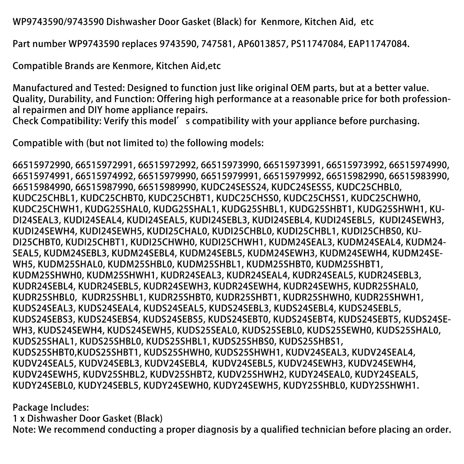 WP9743590/9743590 (črno) Tesnilo pomivalnega stroja za Kenmore Kitchenaid itd.