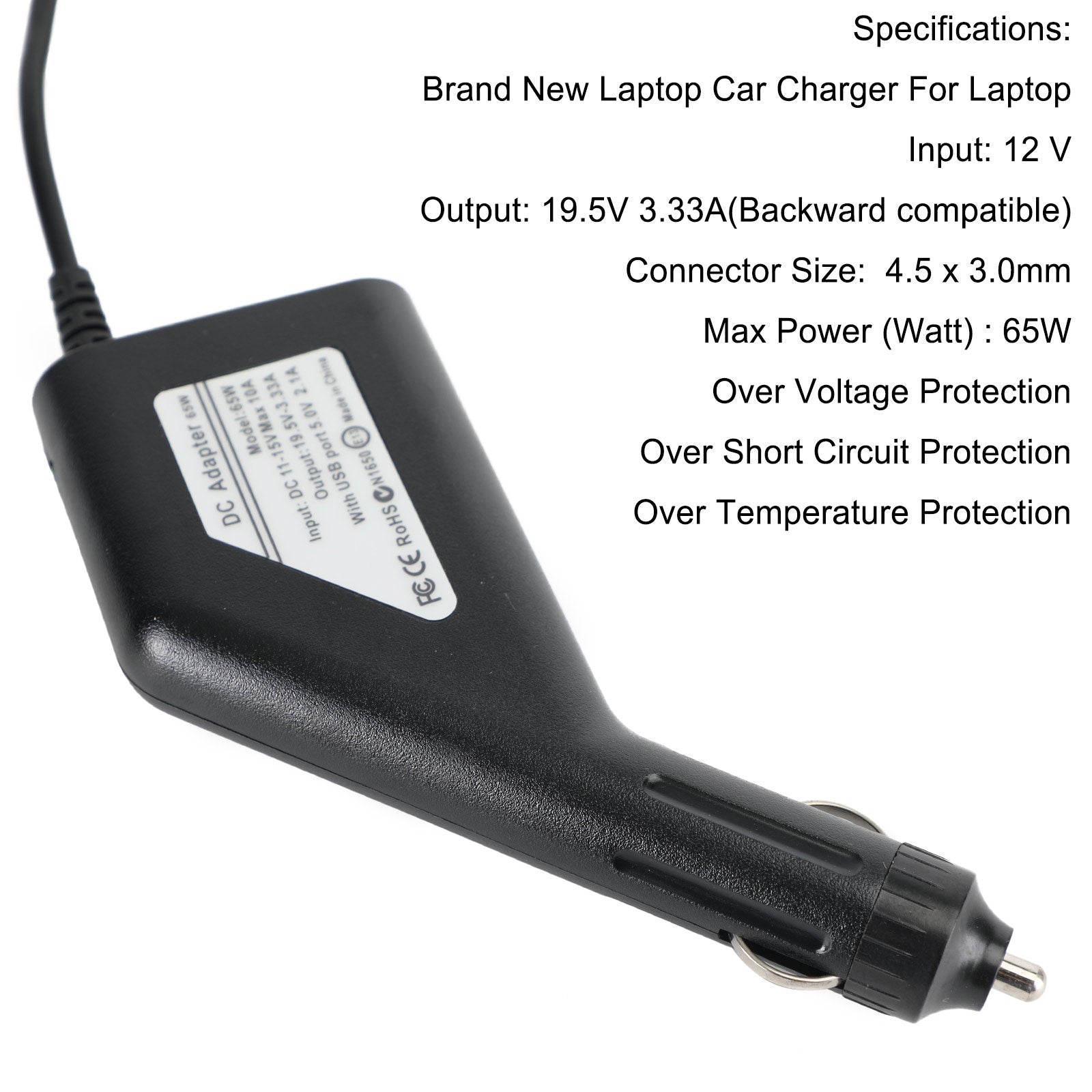 Cargador de coche para ordenador portátil de 65W, fuente de alimentación, adaptador de CC Universal para HP 19,5V 3,33A