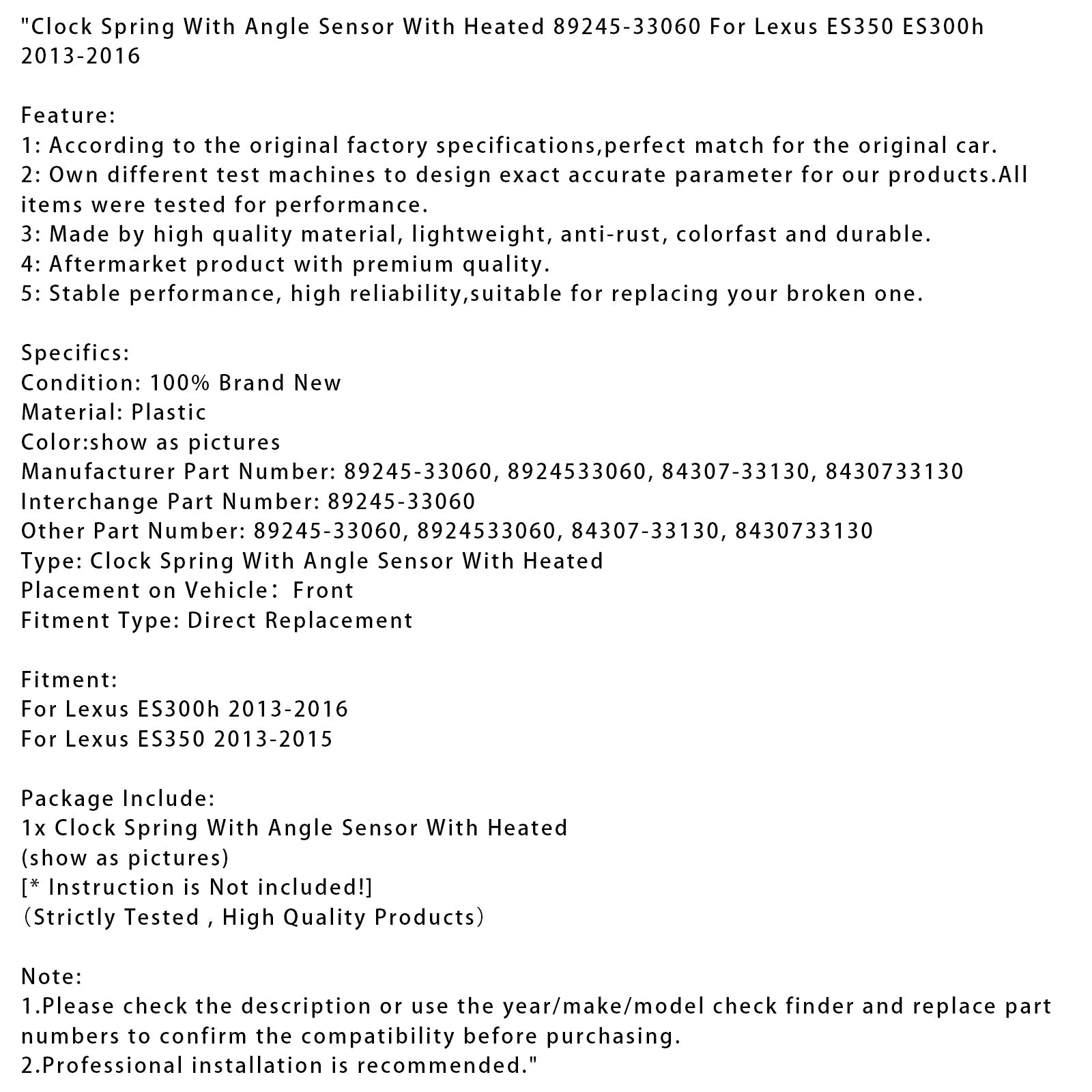 Podgrzewana sprężyna powrotna z czujnikiem kąta do Lexusa ES300h (2013-2016) - Numer części 89245-33060