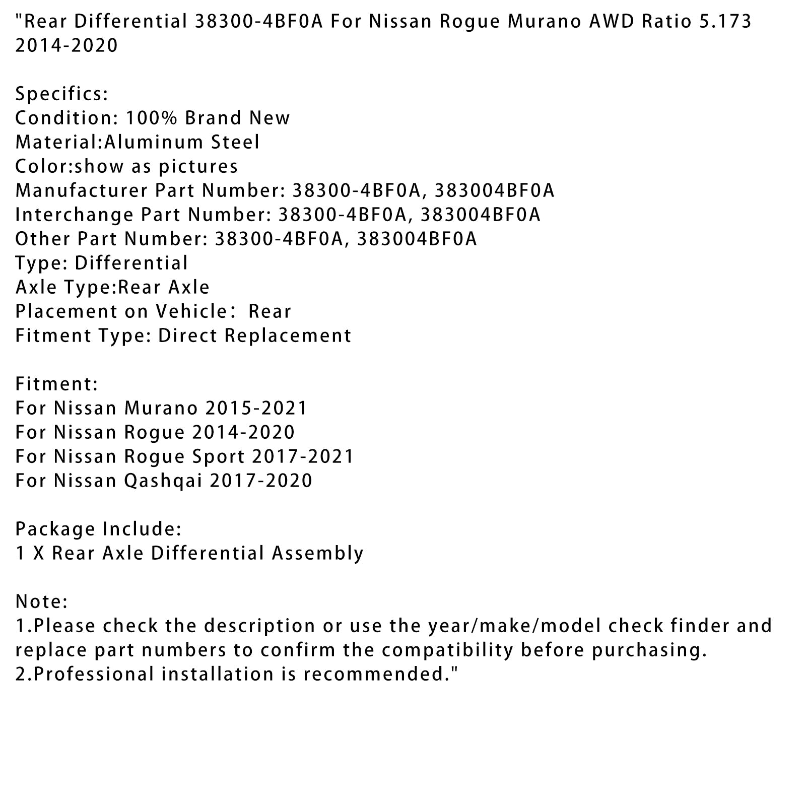 Nissan Rogue Achter differentieel 2014-2020 38300-4BF0A