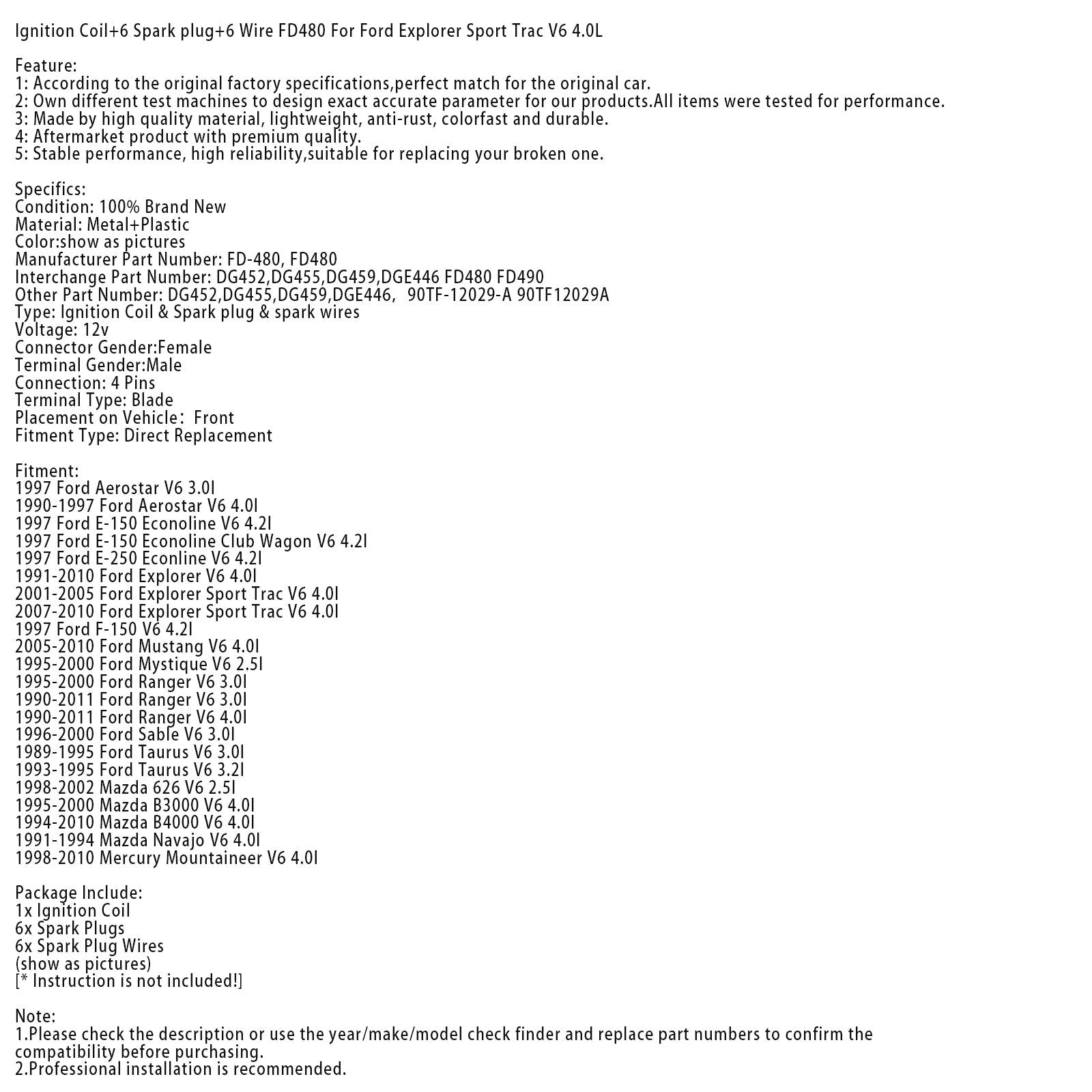 Ford Explorer V6 4.0l 1991-2010 Cewka zapłonowa + 6 świec zapłonowych + 6 przewodów FD480 DG452 90TF12029A