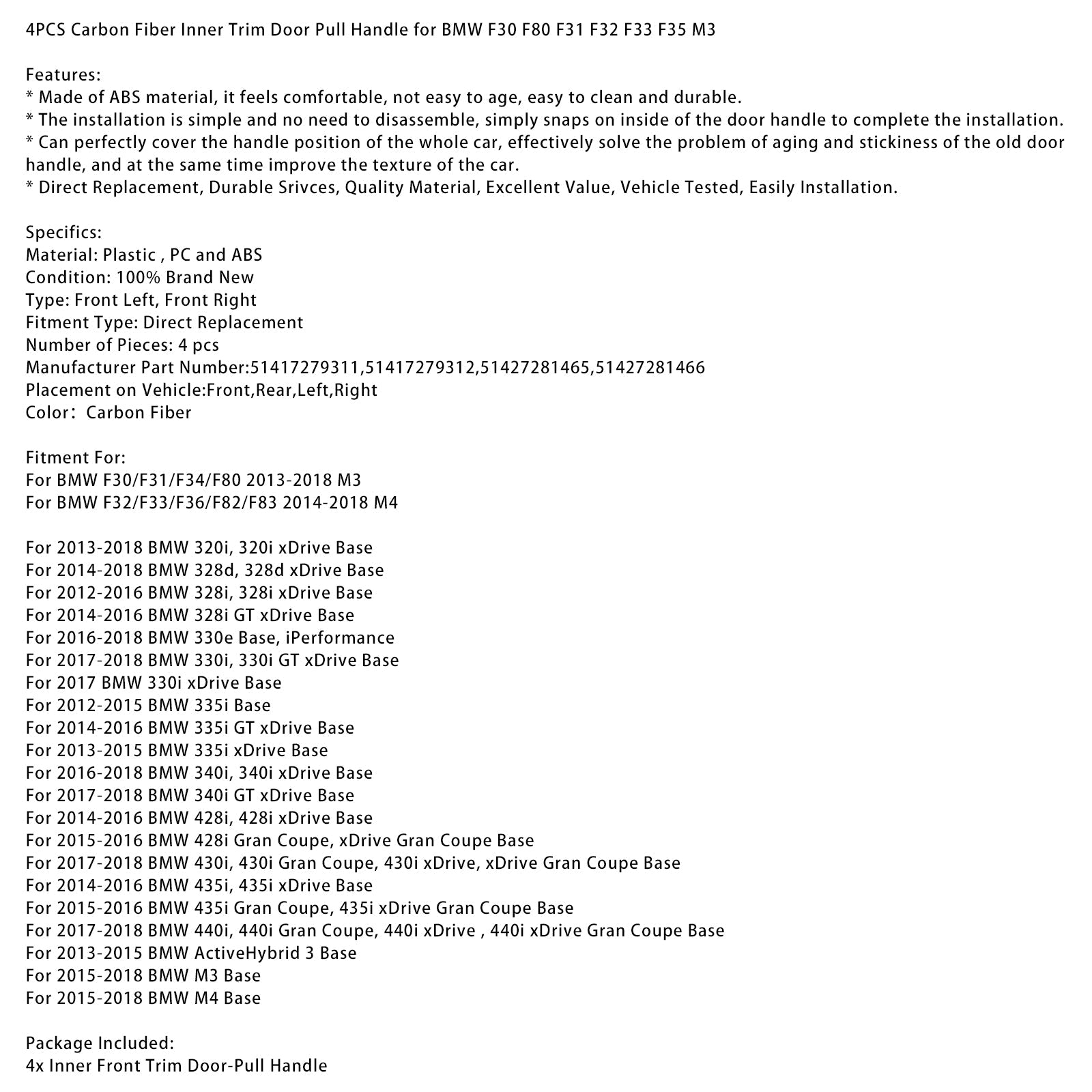Lot de 4 poignées de porte intérieures en carbone pour BMW F30 F80 F31 F32 F33 F35