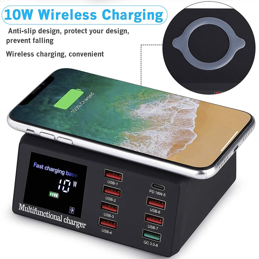 100W 8 Port USB QC3.0 Fast PD Chargeur Rapide Wireless Charging Station EU Plug