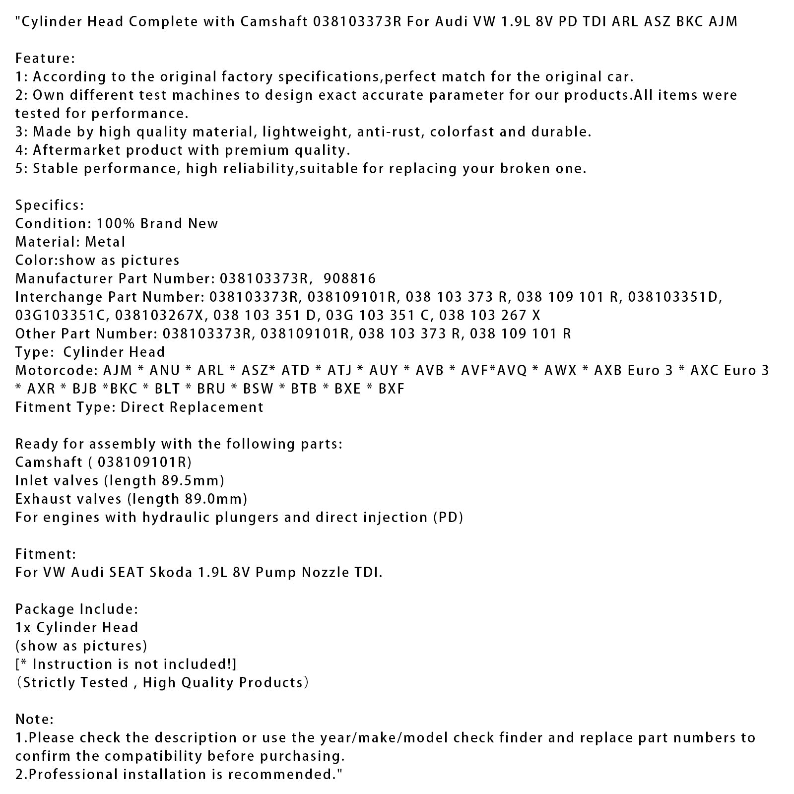 Moottorin sylinterikansi 100% Uusi 038103373R Audi VW Seat Skoda 1.9L 8V TDI - Sopii ASZ-, ARL-, BKC-, BXE-, BLT-malleihin jne.