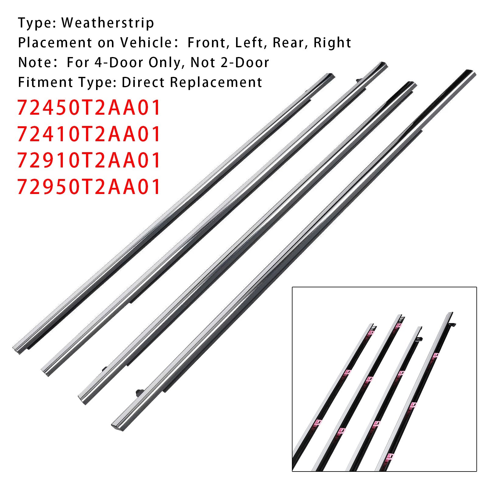 Joint d'étanchéité de porte (4 pièces) pour Honda Accord 2013-2017