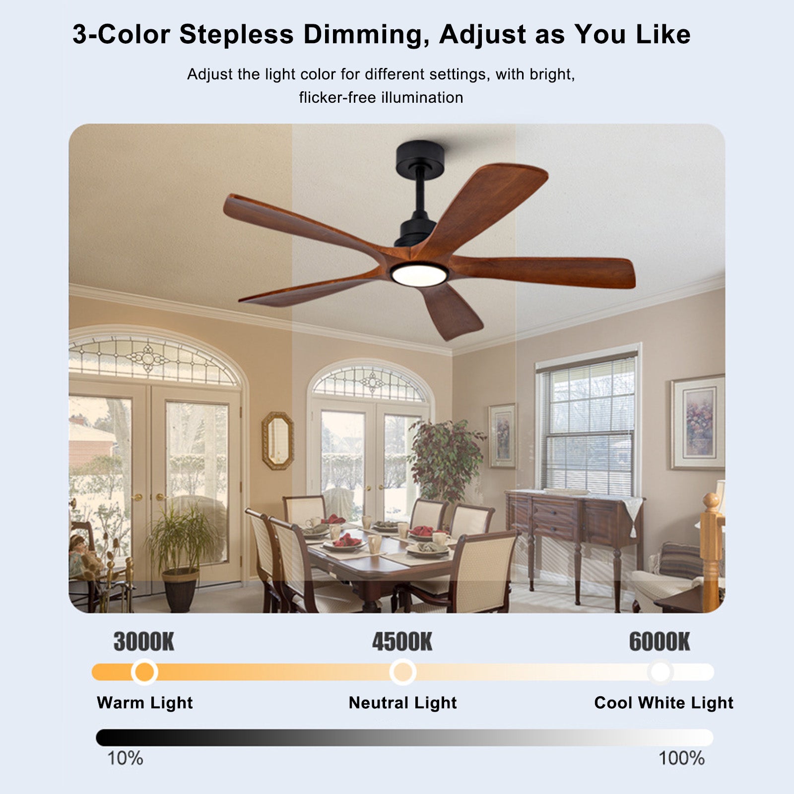 Ventilateur de Plafond Silencieux 60" avec Éclairage – Pales en Bois Massif pour Grandes Pièces, Télécommande/App