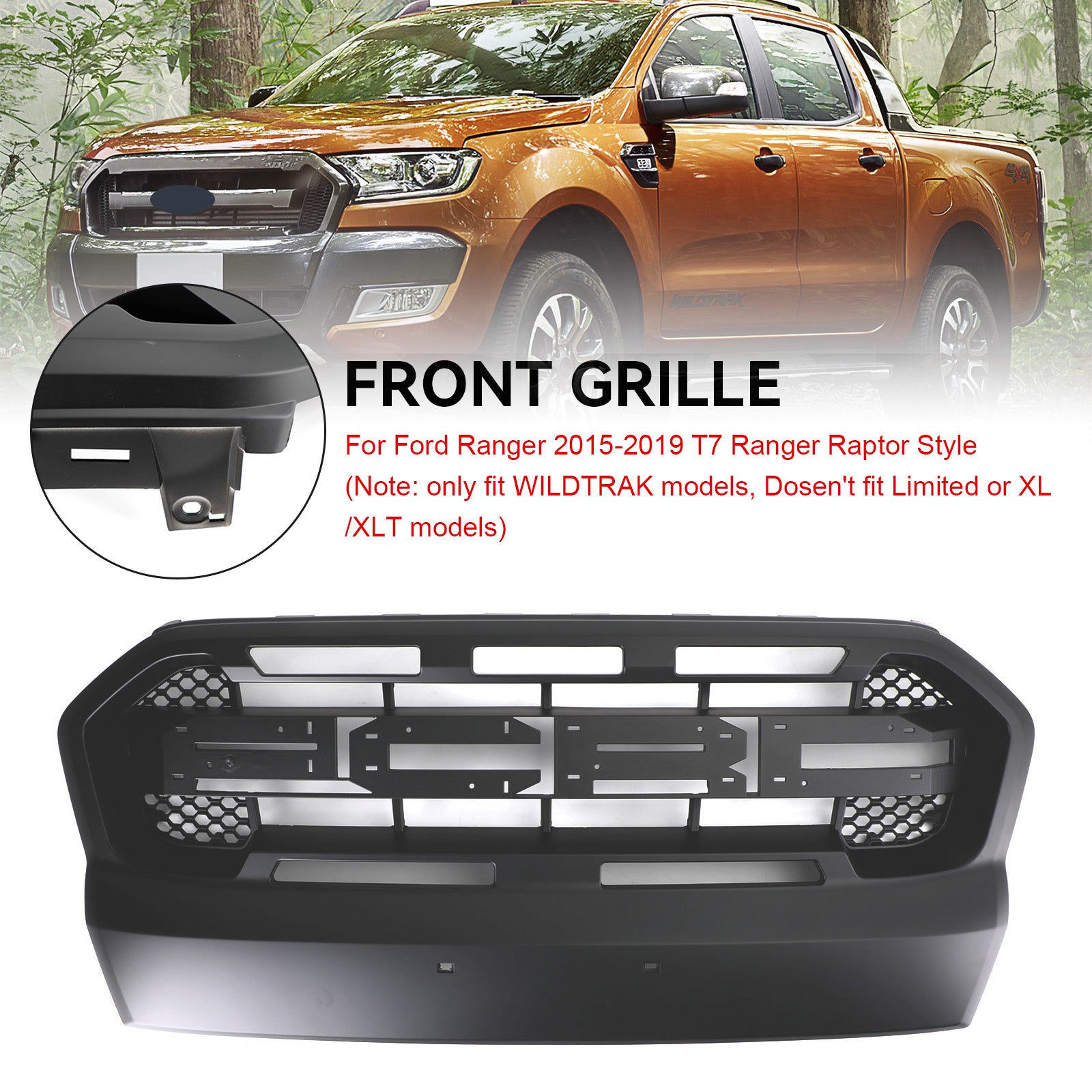 Grille de pare-chocs avant de style Ford Ranger T7 Ranger Raptor 2015-2019, noir mat