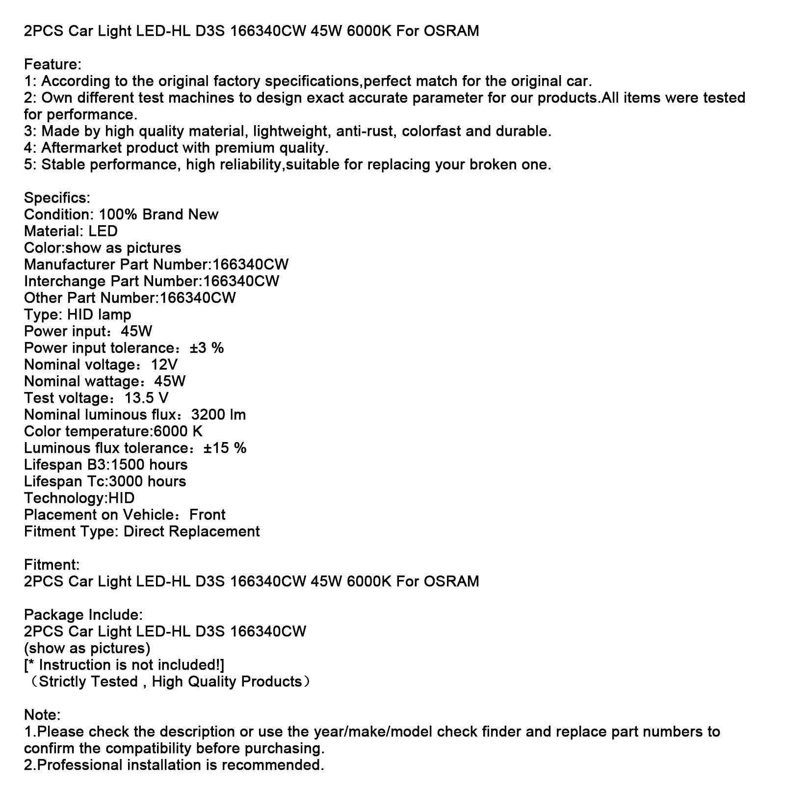 Lotto di 2 lampadine a LED HL D3S 166340CW 45 W 6 000 K per auto Osram