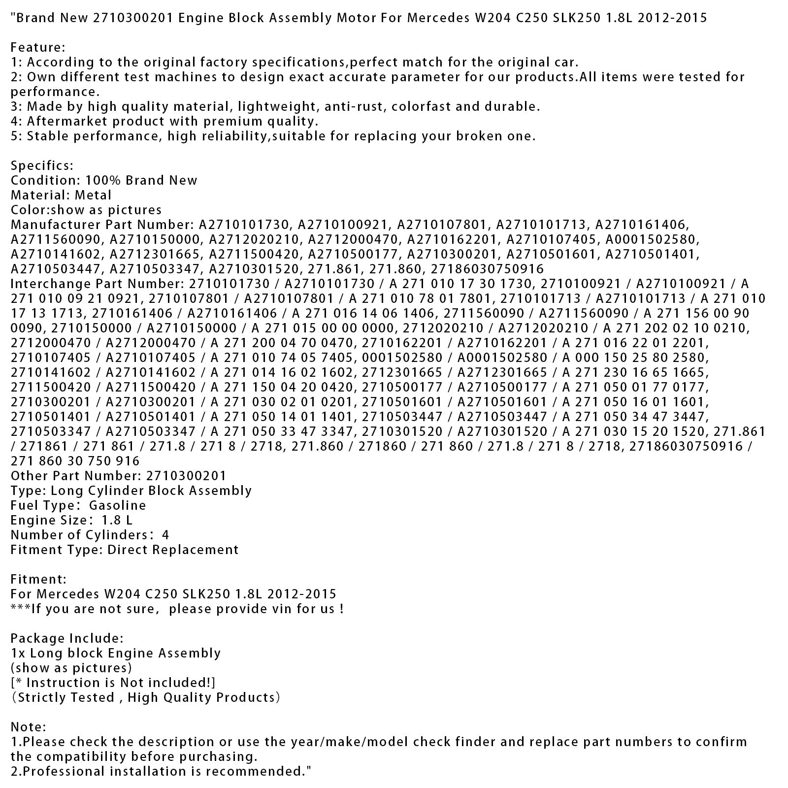 Nuovo blocco motore 2710300201 per Mercedes W204 C250 SLK250 1.8L (2012-2015).